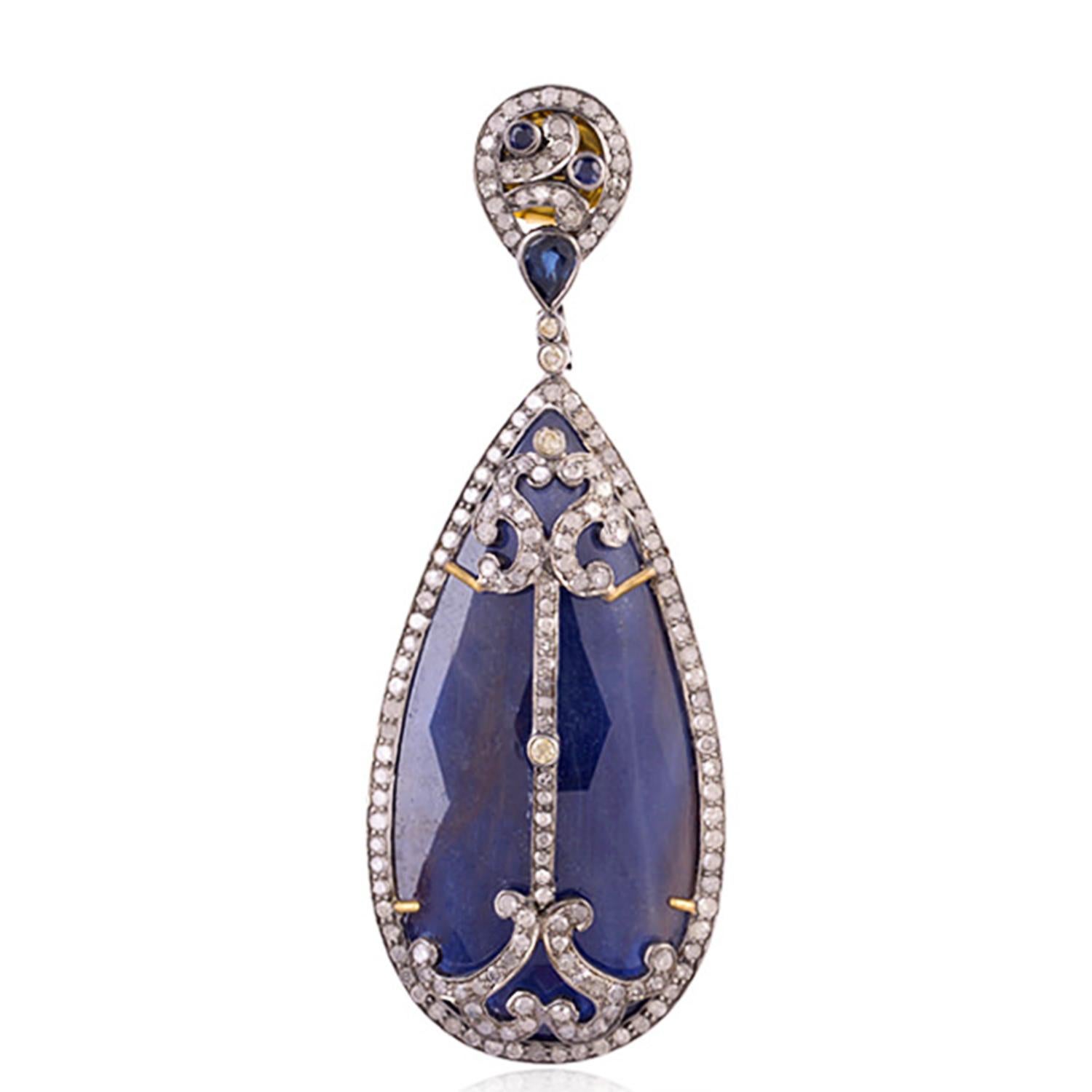 Pear Cut Blue Sapphire Dangle Earrings With Diamonds 88.79 Carats For Sale