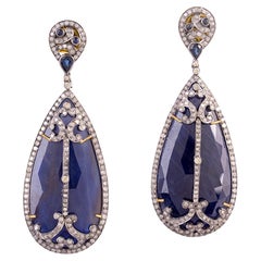 Retro Blue Sapphire Dangle Earrings With Diamonds 88.79 Carats