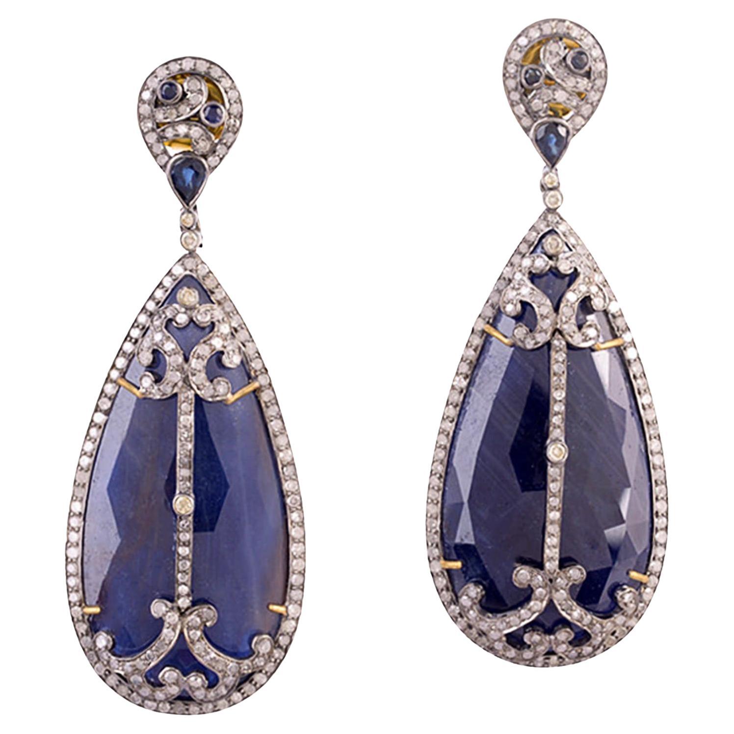Blue Sapphire Dangle Earrings With Diamonds 88.79 Carats
