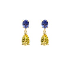 Piccoli e graziosi orecchini pendenti in oro giallo 14 carati con zaffiro blu e citrino