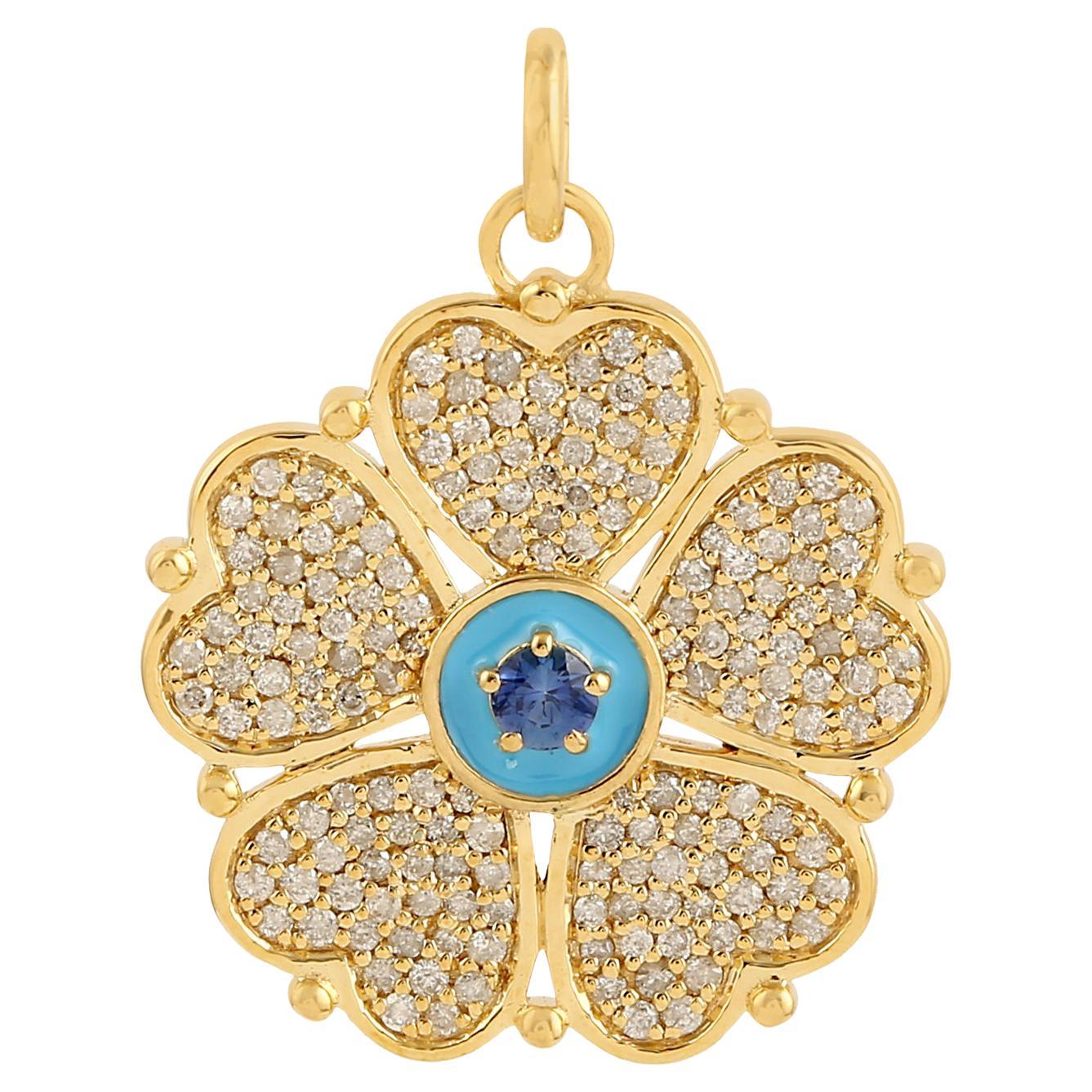 Collier pendentif à breloque en forme de trèfle en or 14 carats avec saphir bleu et diamants