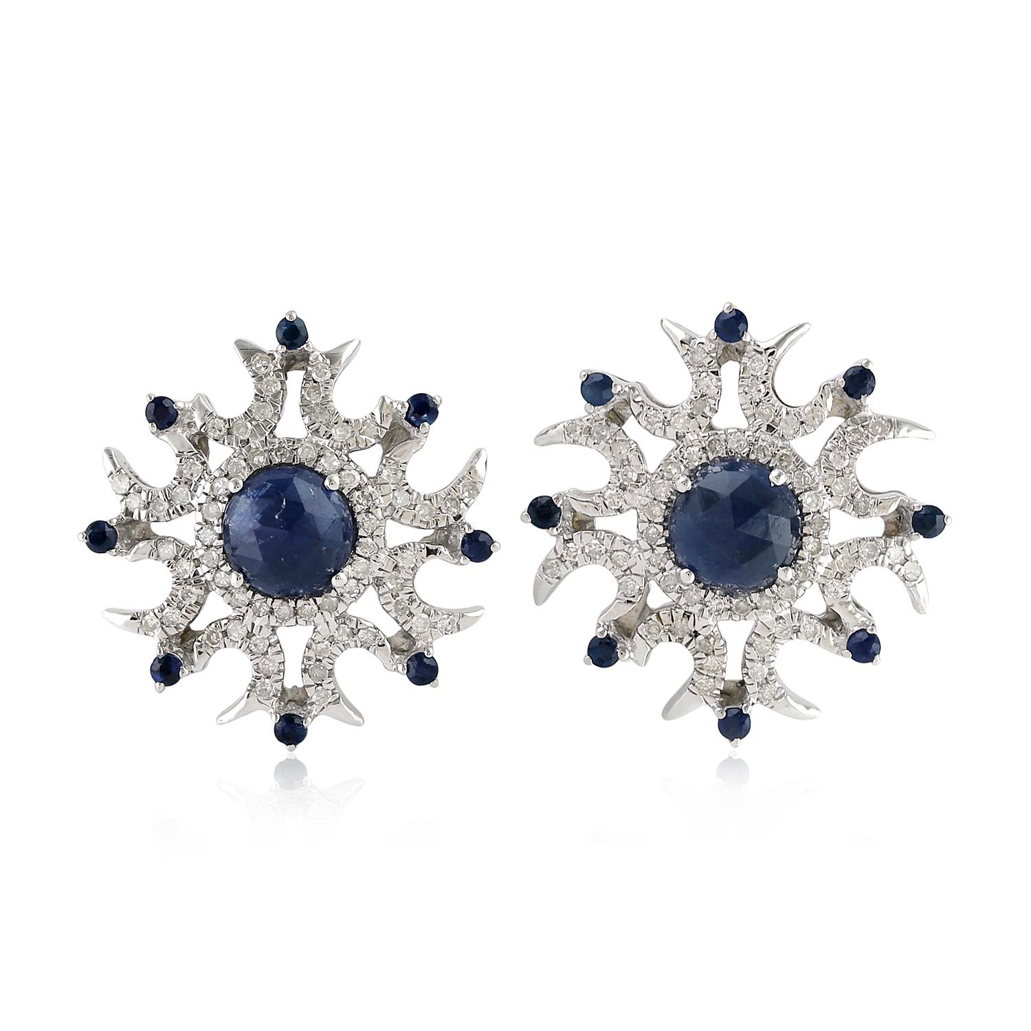 Single Cut Blue Sapphire Diamond 14 Karat Gold Stud Earrings For Sale
