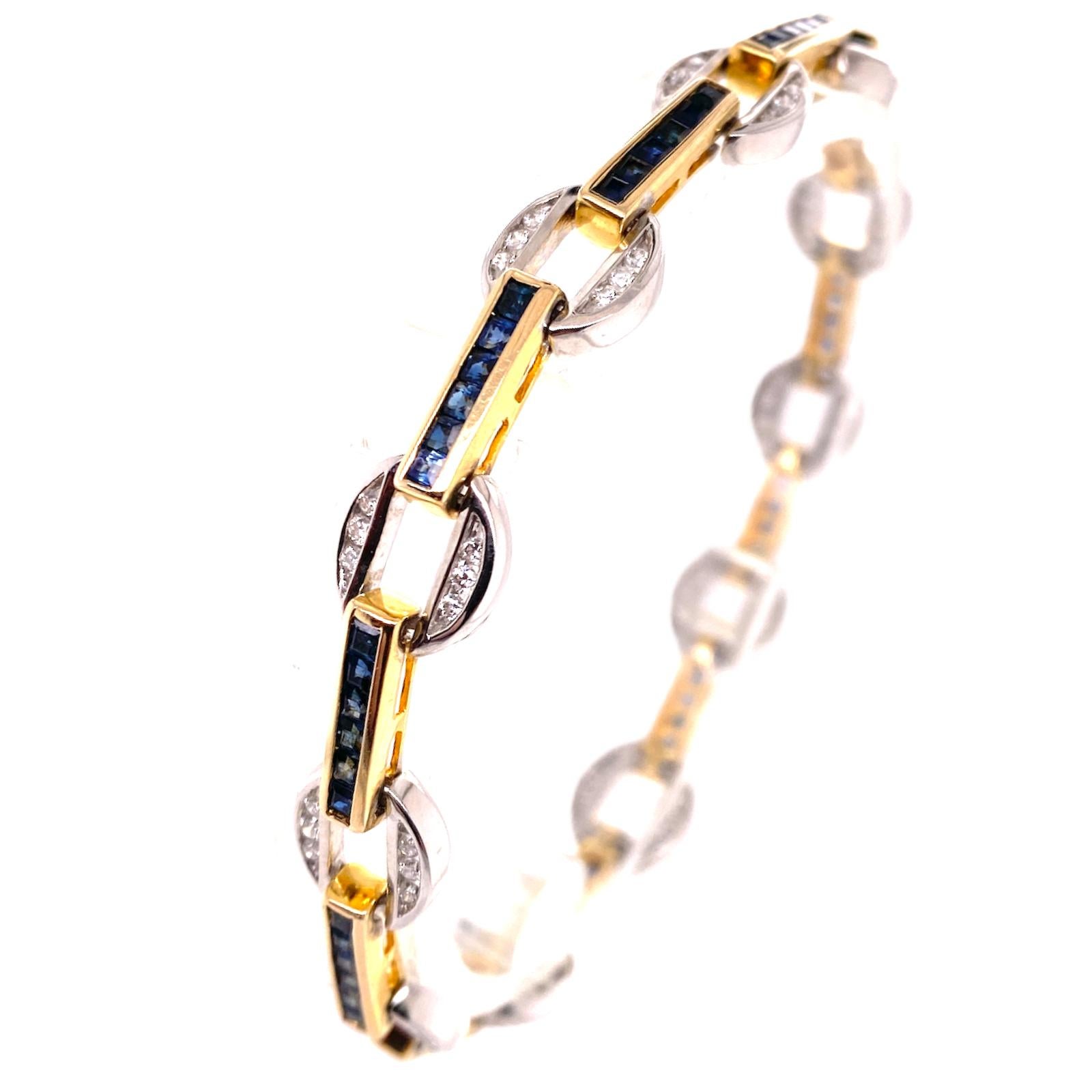 Modern Blue Sapphire Diamond 14 Karat Two-Tone Gold Link Bracelet