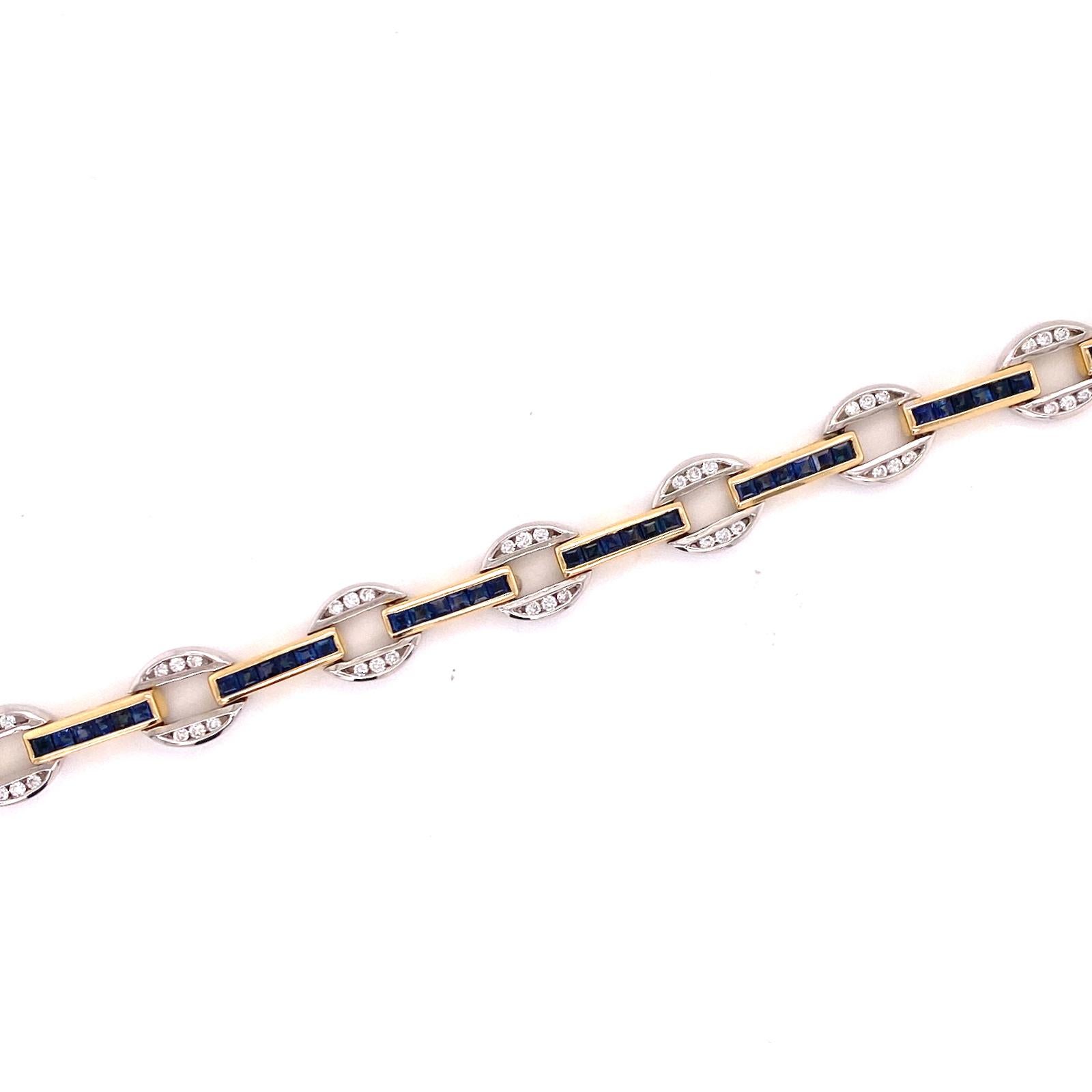 Round Cut Blue Sapphire Diamond 14 Karat Two-Tone Gold Link Bracelet
