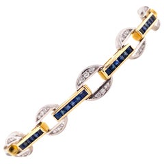 Blue Sapphire Diamond 14 Karat Two-Tone Gold Link Bracelet