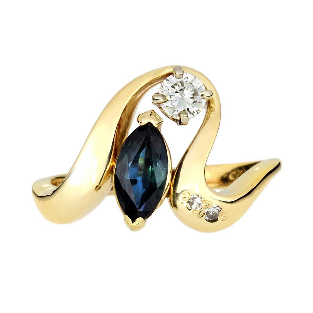 Marquise Cut Blue Sapphire & Diamond 14K Ring For Sale