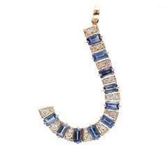 Blue Sapphire Diamond 14K Yellow Gold Horseshoe Pendant Necklace