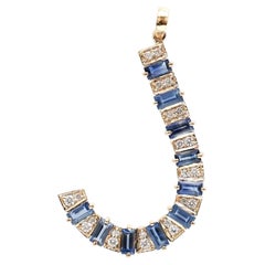 Blue Sapphire Diamond 14K Yellow Gold Horseshoe Pendant Necklace