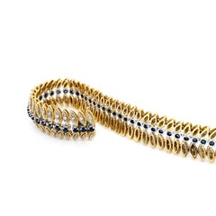Blue Sapphire & Diamond 18 Carat Yellow and White Gold Leaf Motif Wide Bracelet