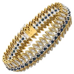 Blue Sapphire & Diamond 18 Carat Yellow and White Gold Leaf Motif Wide Bracelet