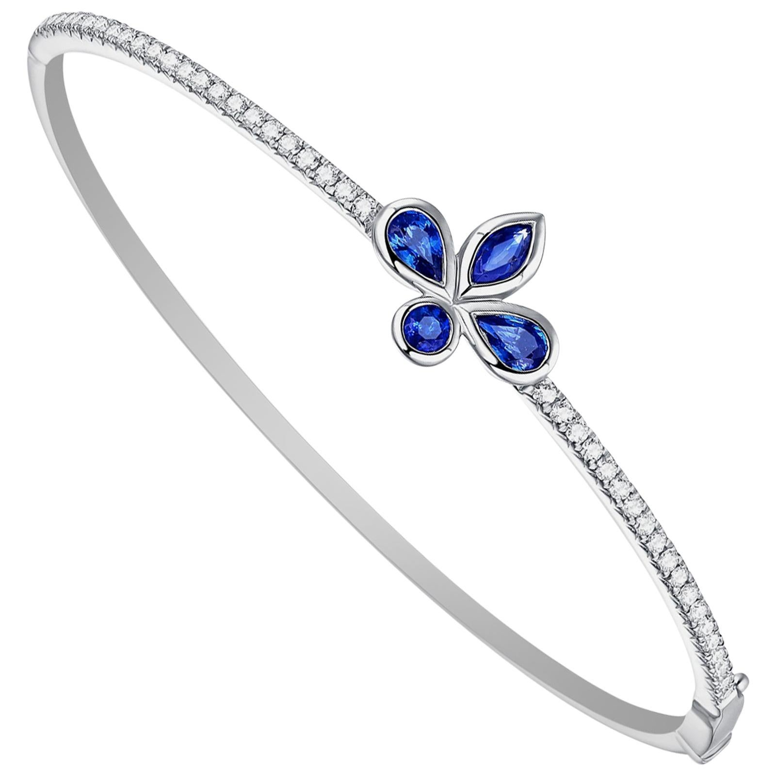 Blue Sapphire Diamond 18 Karat Gold Clover Bangle Bracelet For Sale