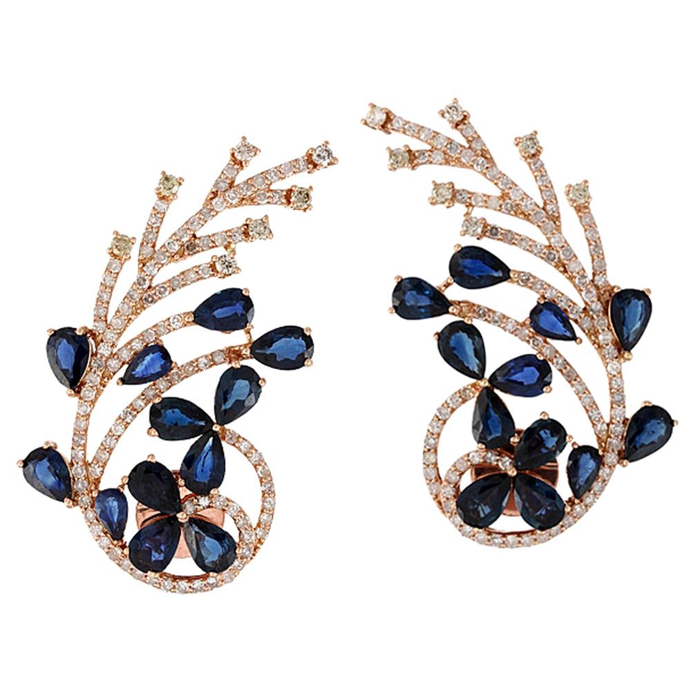 Blue Sapphire Diamond 18 Karat Gold Ear Climber Earrings For Sale