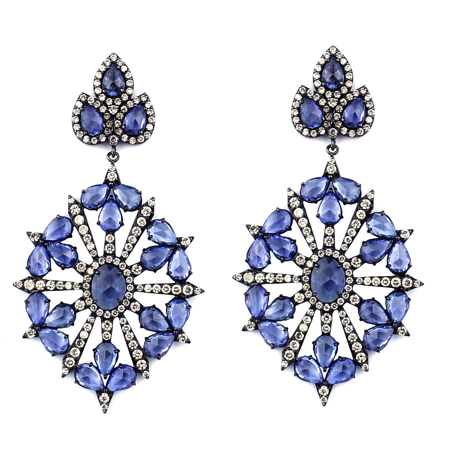 Modern Blue Sapphire Diamond 18 Karat Gold Earrings