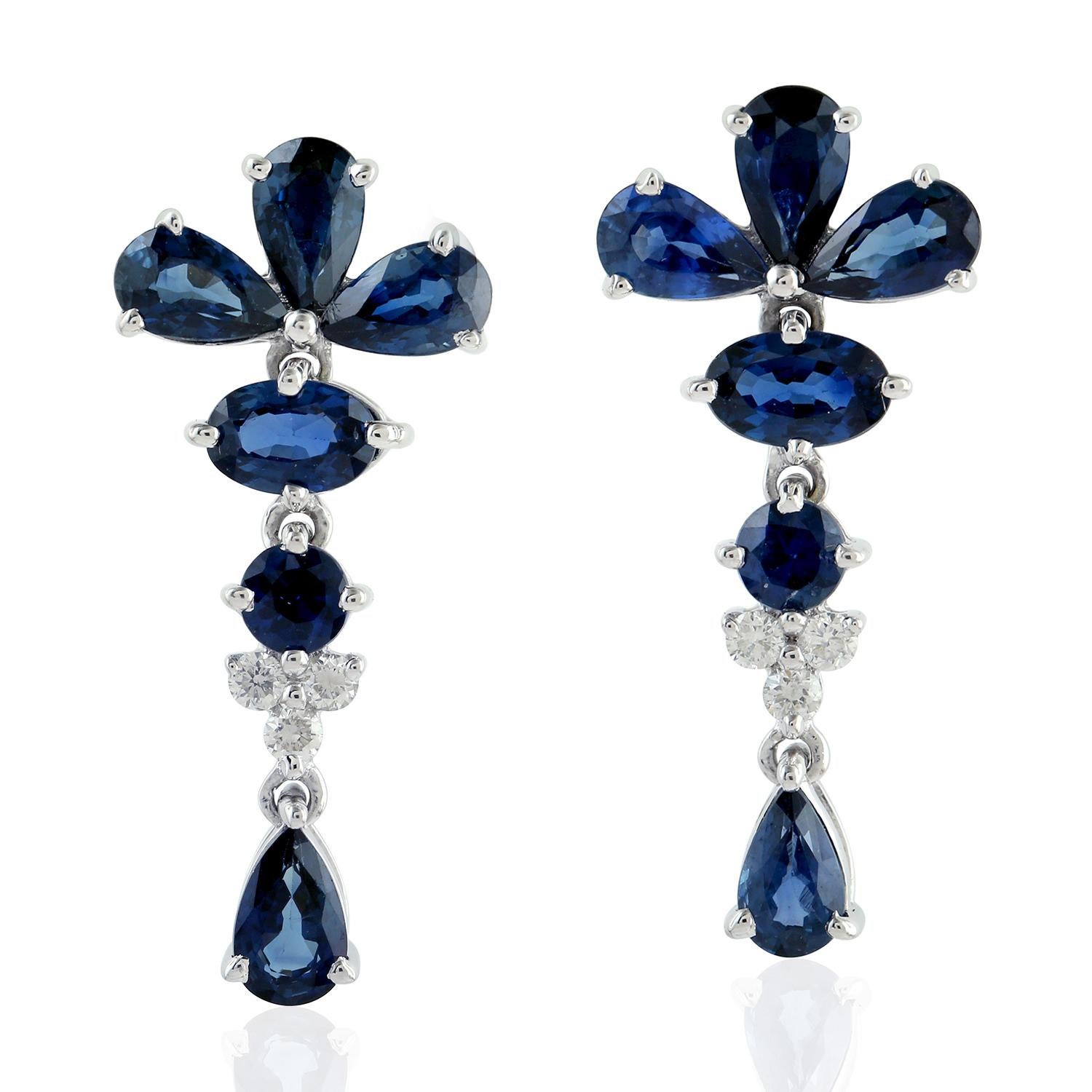 Rose Cut Blue Sapphire Diamond 18 Karat Gold Earrings For Sale