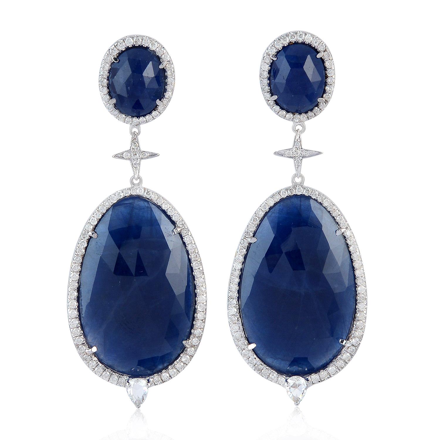 Rose Cut Blue Sapphire Diamond 18 Karat Gold Earrings For Sale
