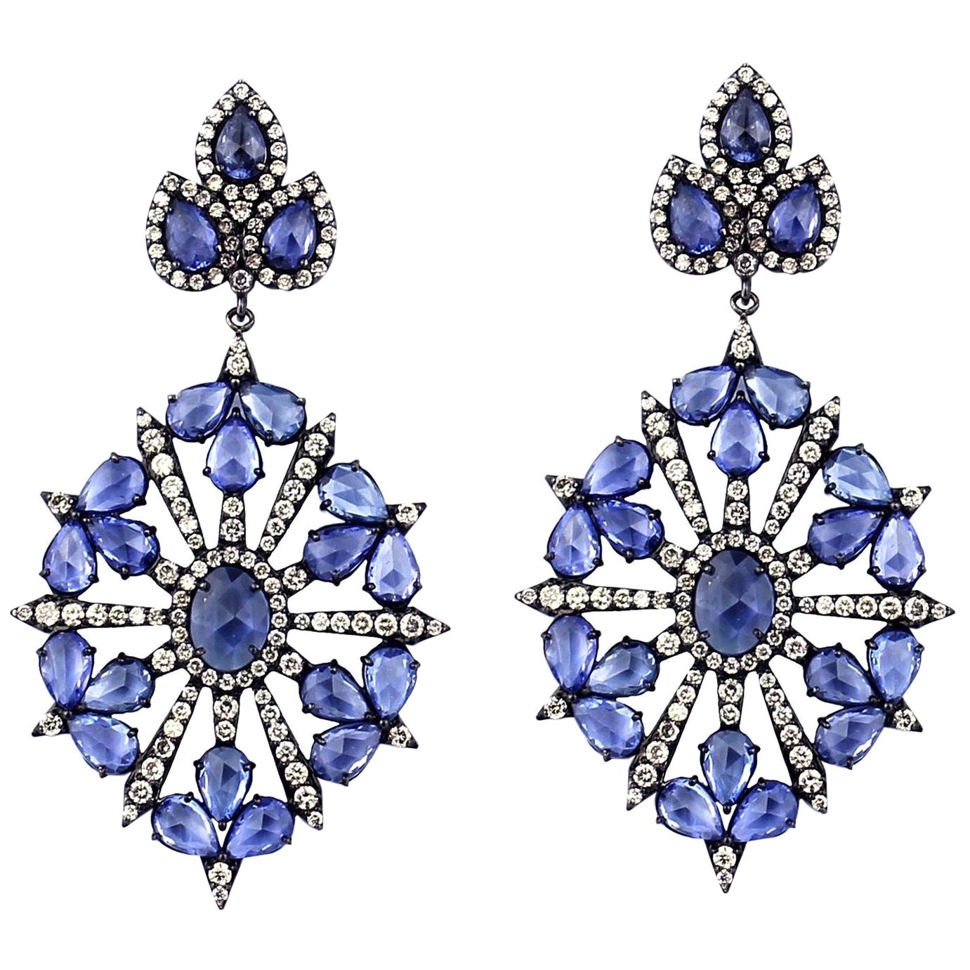 Blue Sapphire Diamond 18 Karat Gold Earrings