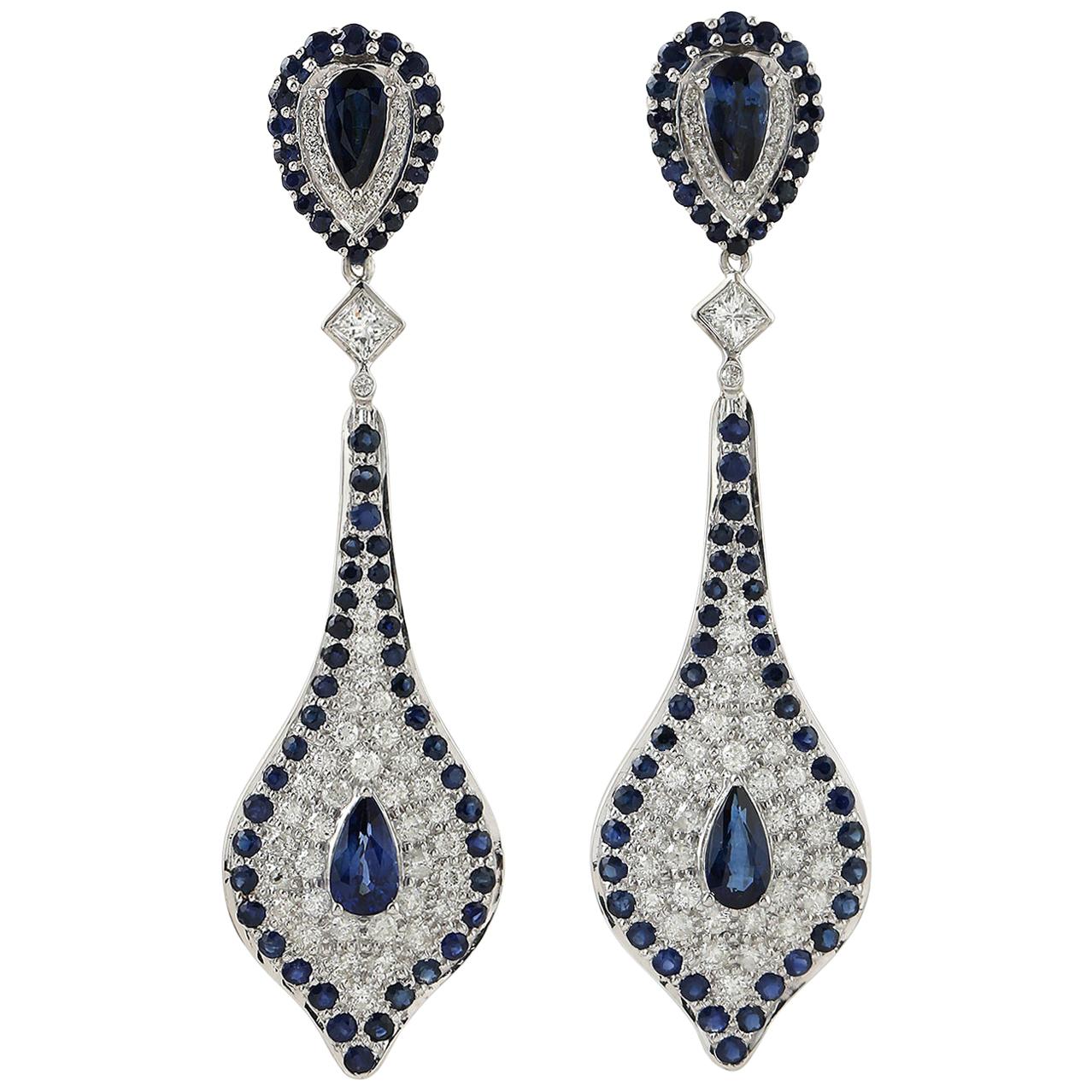 Blue Sapphire Diamond 18 Karat Gold Earrings For Sale