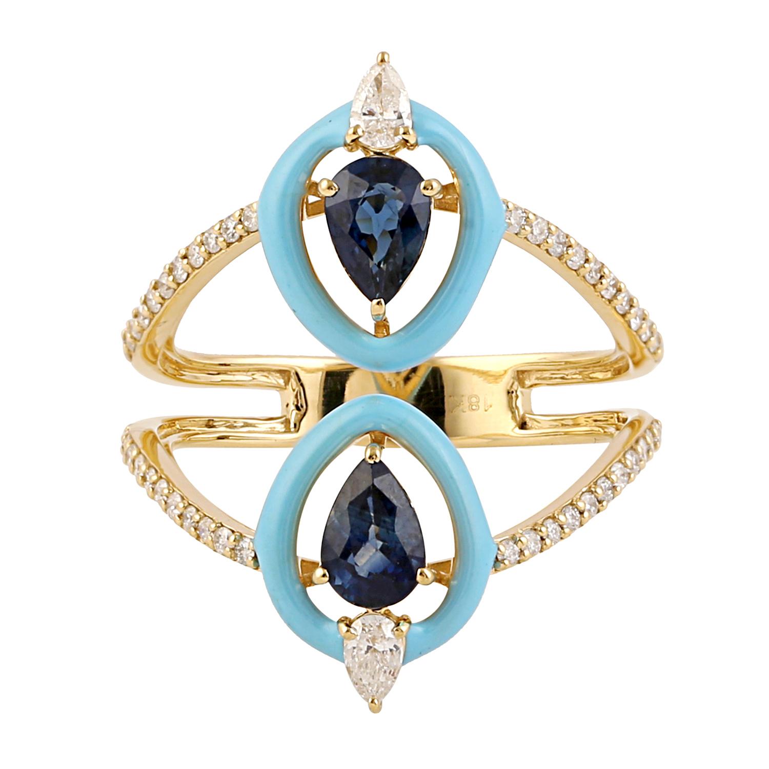 Contemporary Blue Sapphire Diamond 18 Karat Gold Enamel Ring For Sale
