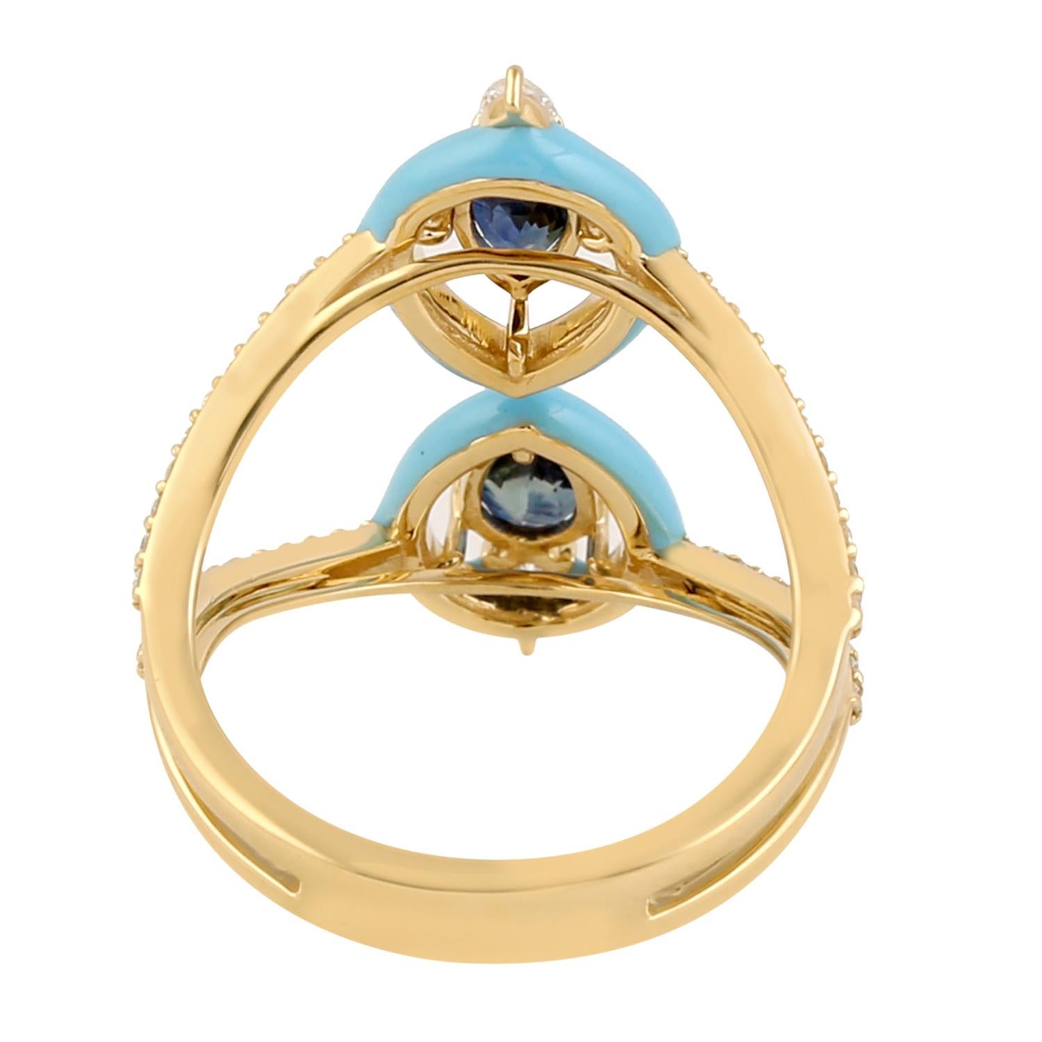 Mixed Cut Blue Sapphire Diamond 18 Karat Gold Enamel Ring For Sale
