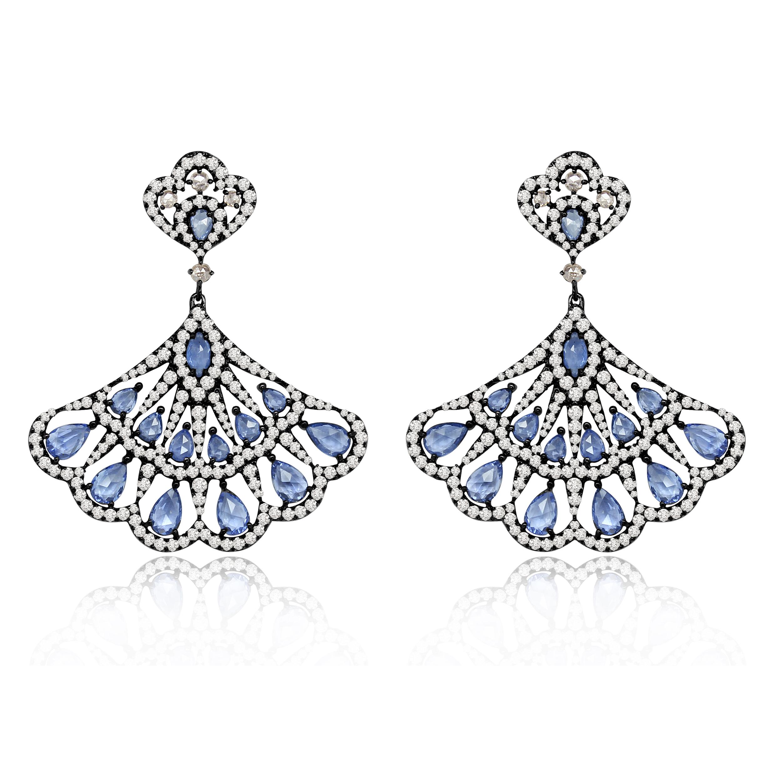 Modern Blue Sapphire Diamond 18 Karat Gold Fan Earrings