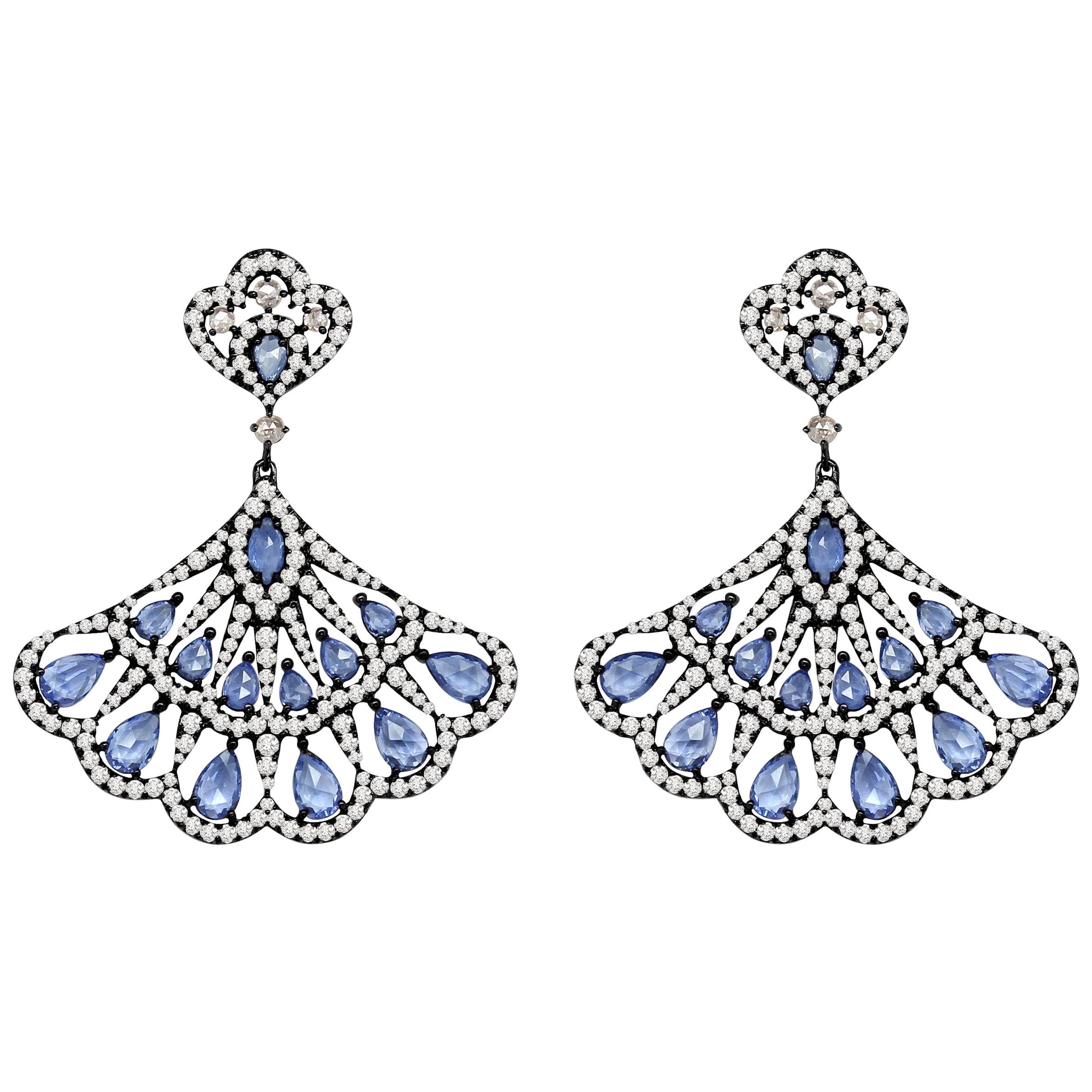 Blue Sapphire Diamond 18 Karat Gold Fan Earrings