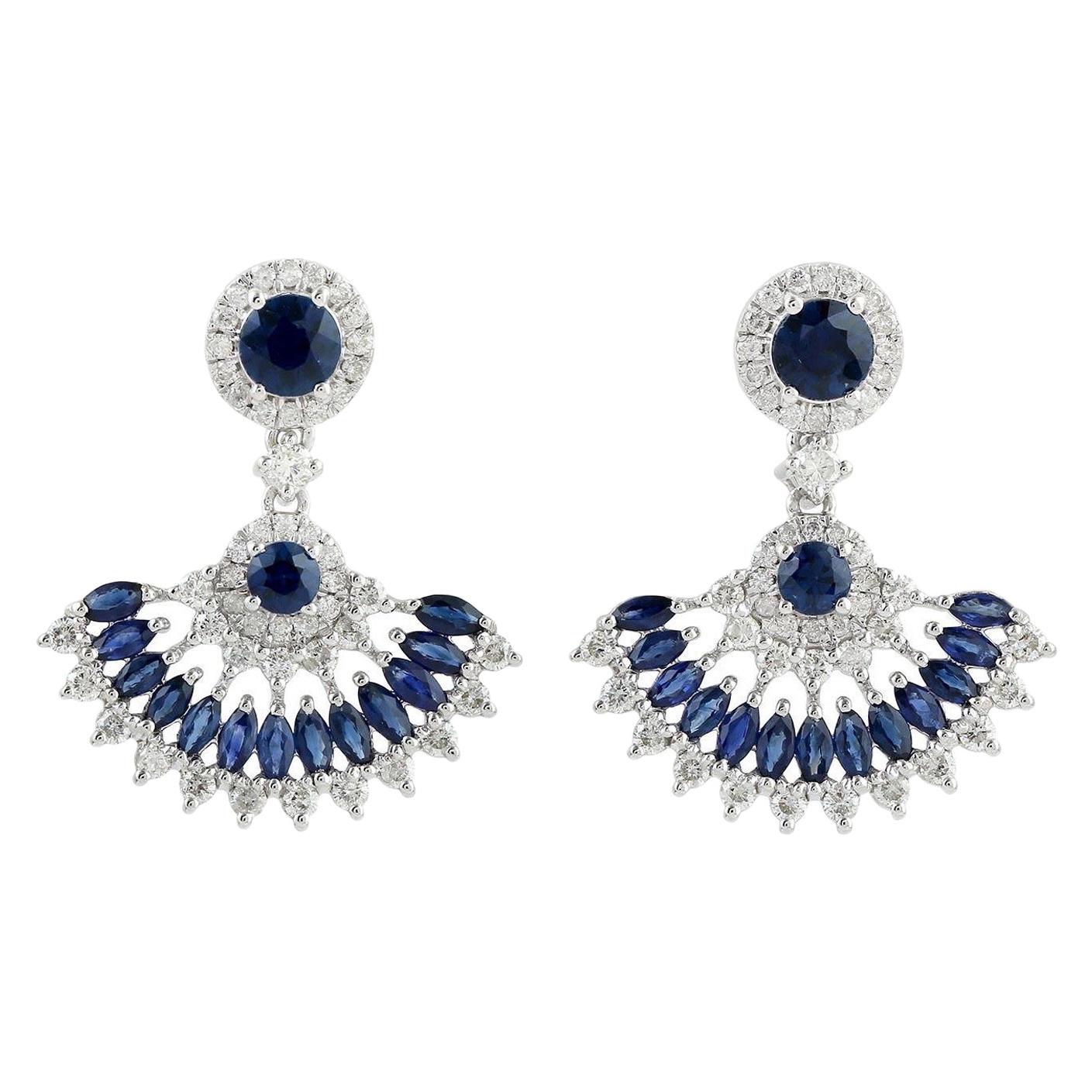 Blue Sapphire Diamond 18 Karat Gold Fan Earrings For Sale