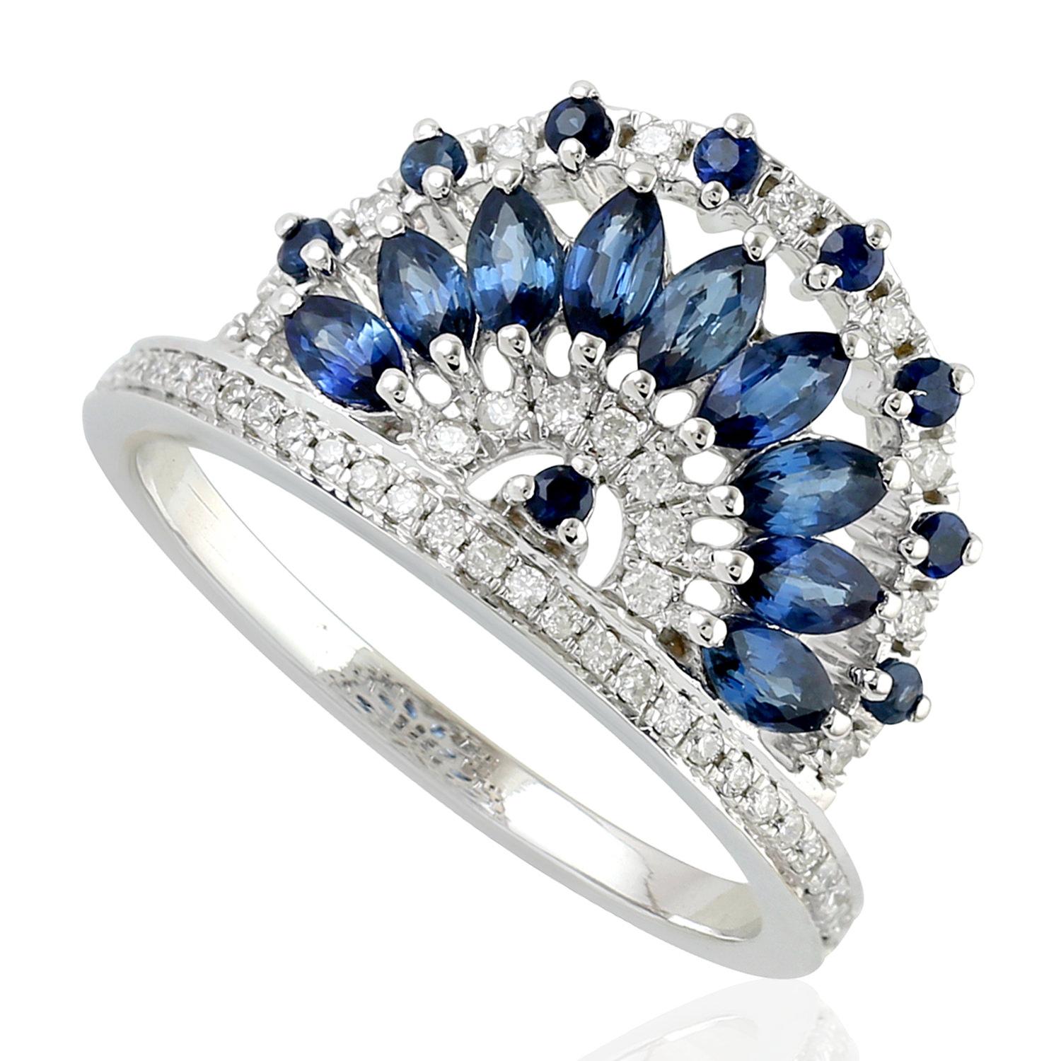 Mixed Cut Blue Sapphire Diamond 18 Karat Gold Fan Ring For Sale