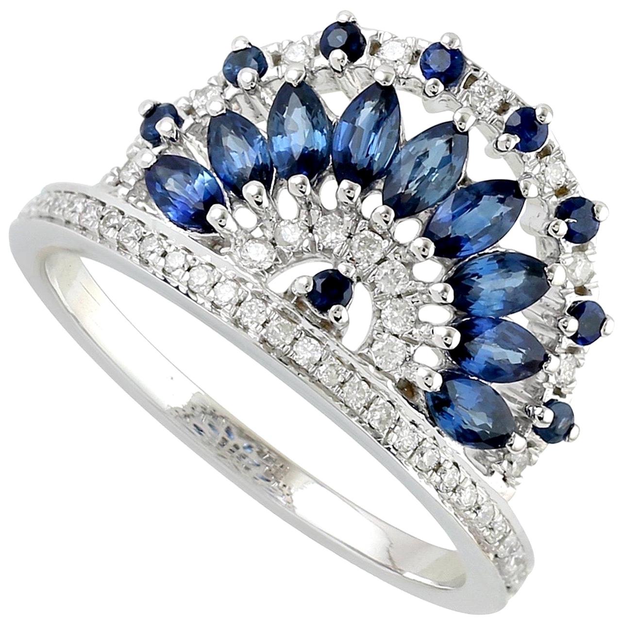 Blue Sapphire Diamond 18 Karat Gold Fan Ring For Sale