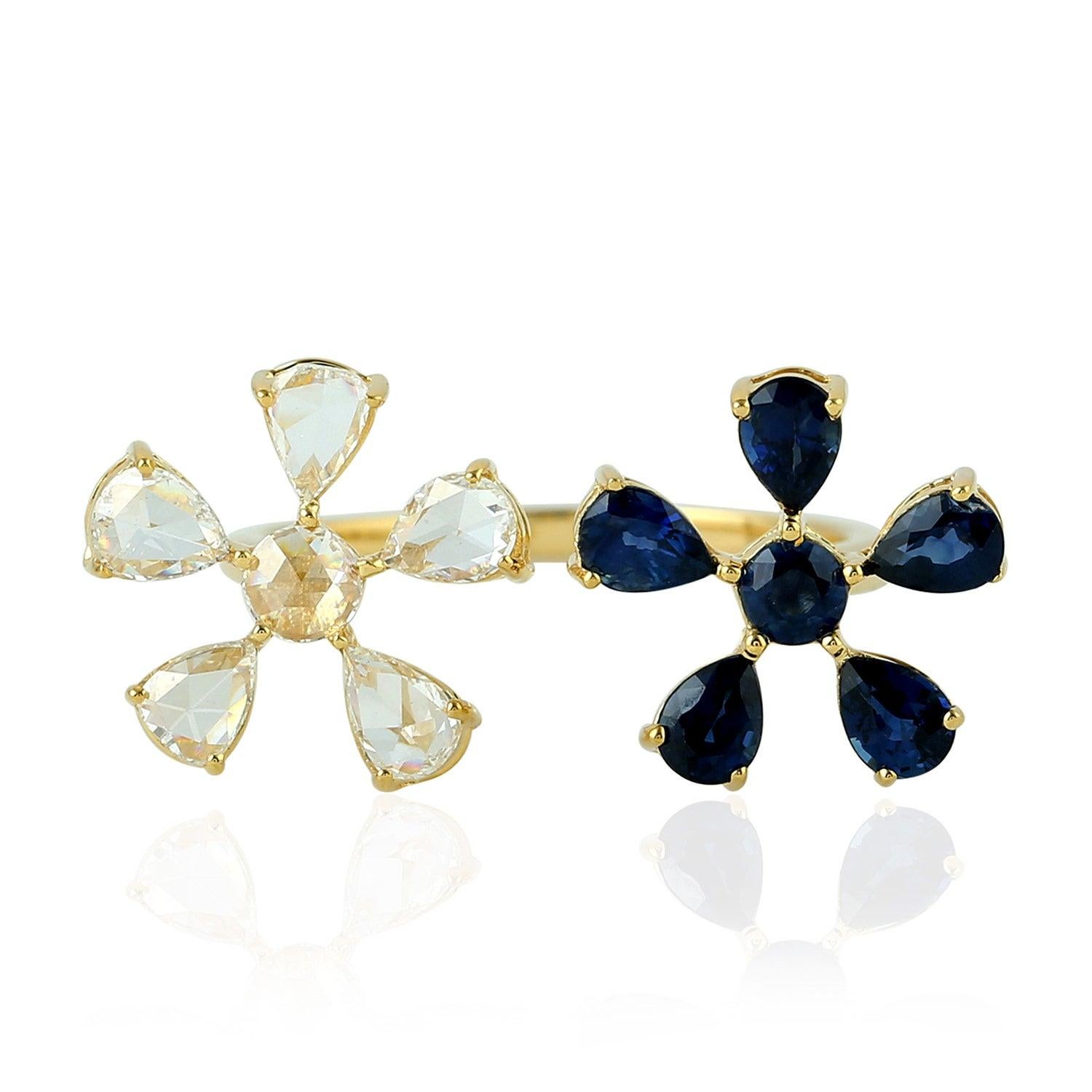 For Sale:  Blue Sapphire Diamond 18 Karat Gold Floral Open Ring 4