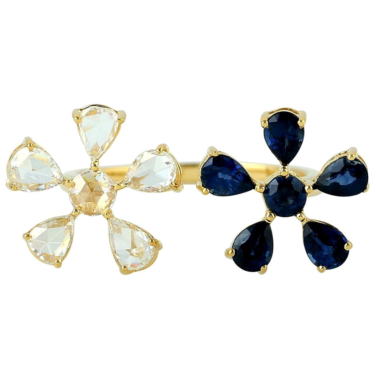 En vente :  Bague ouverte à fleurs en or 18 carats avec saphir bleu et diamant