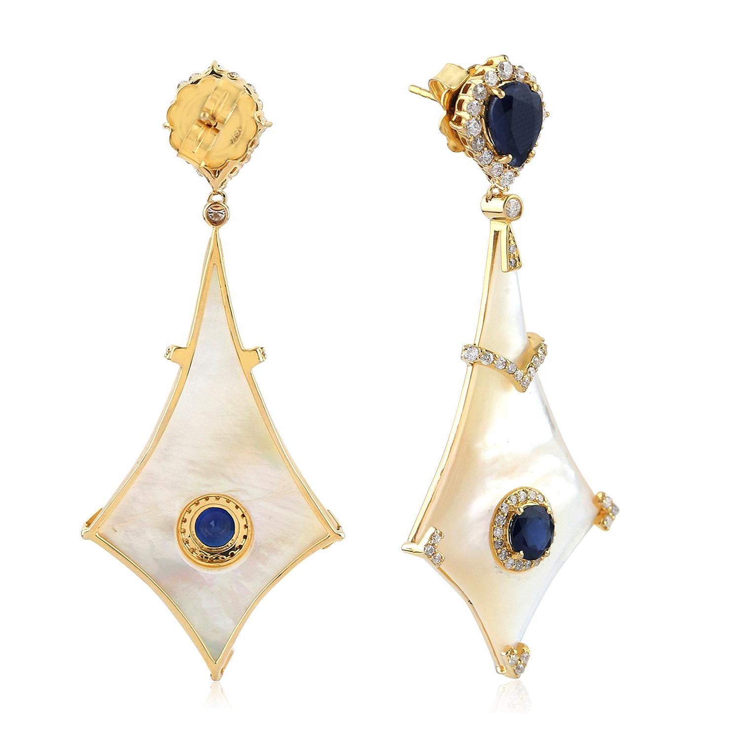 Modern Blue Sapphire Diamond 18 Karat Gold Earrings For Sale