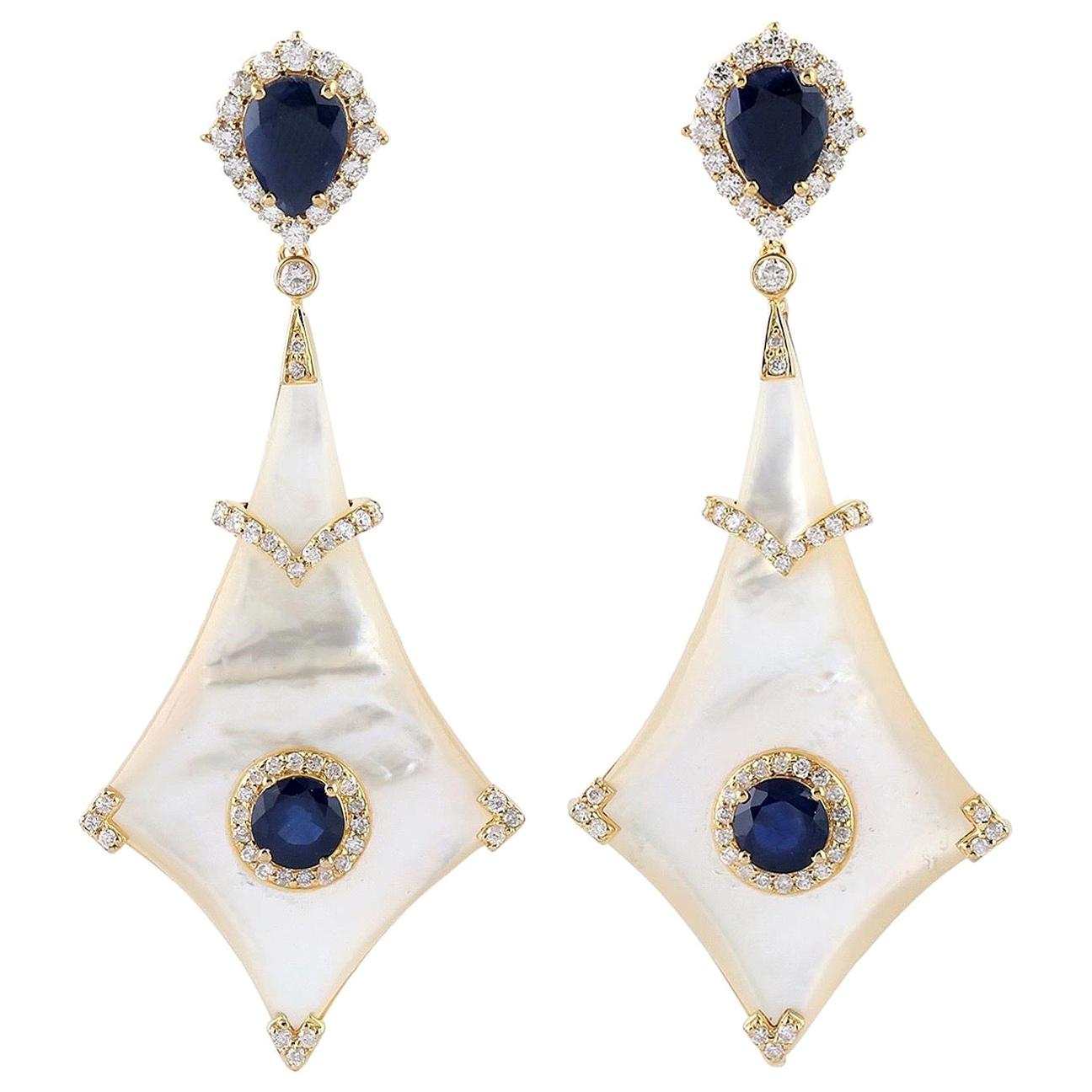 Blue Sapphire Diamond 18 Karat Gold Earrings For Sale