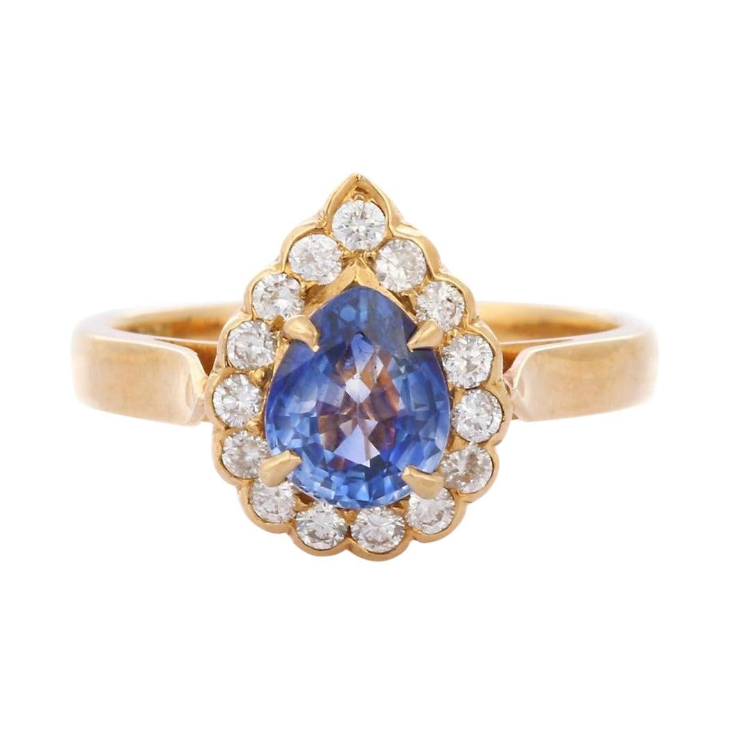 Blue Sapphire Diamond 18 Karat Gold Ring For Sale