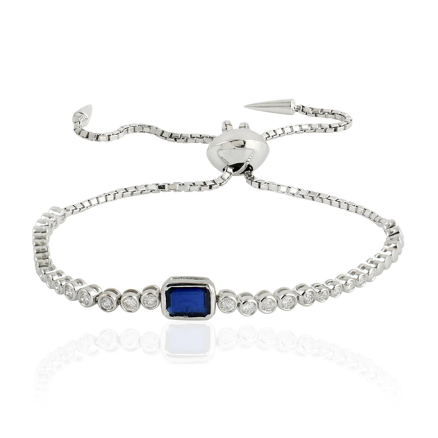 Emerald Cut Blue Sapphire Diamond 18 Karat Gold Tennis Bracelet For Sale