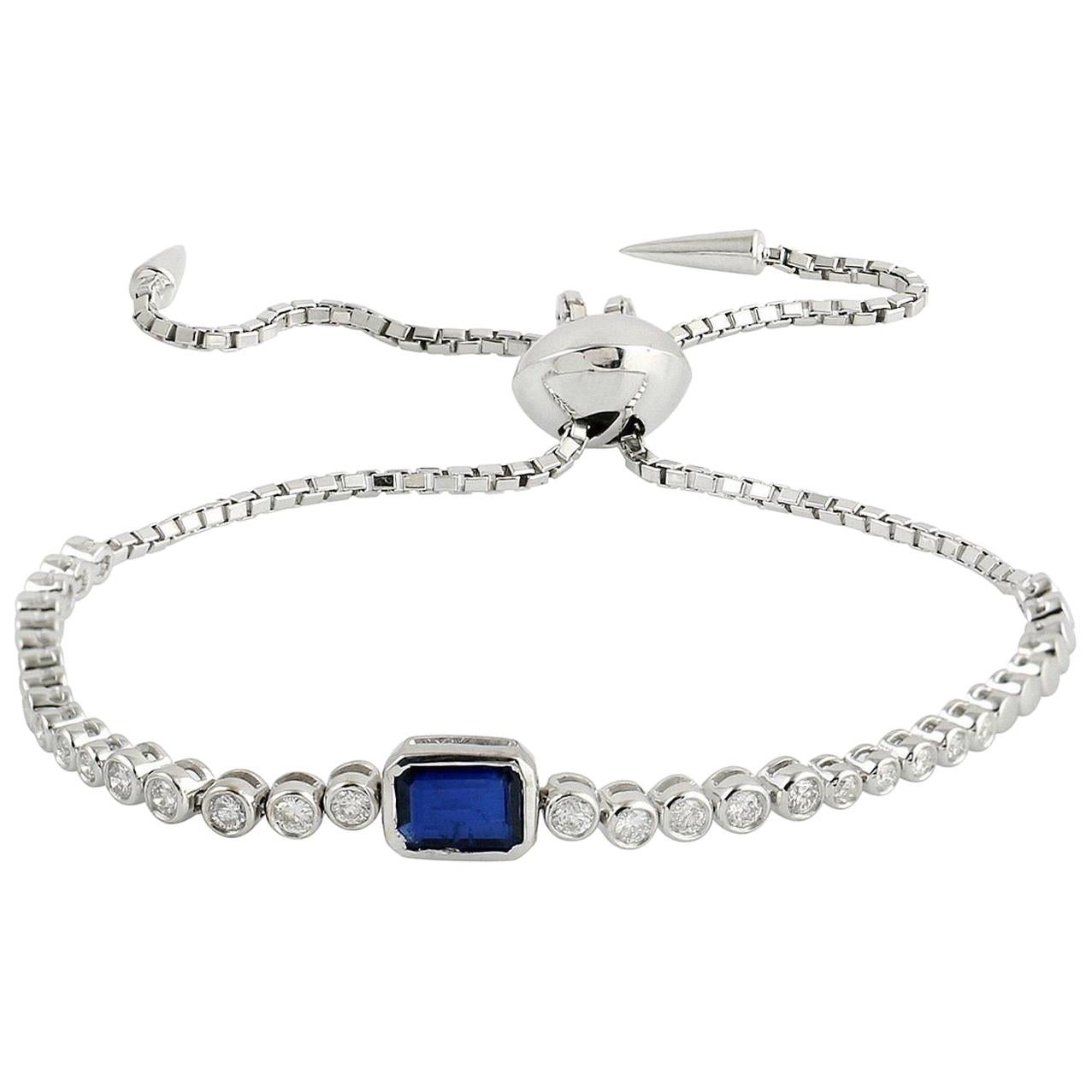 Blue Sapphire Diamond 18 Karat Gold Tennis Bracelet For Sale