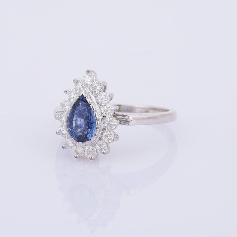 Pear Cut Blue Sapphire Diamond 18 Karat Gold Solitaire Ring For Sale