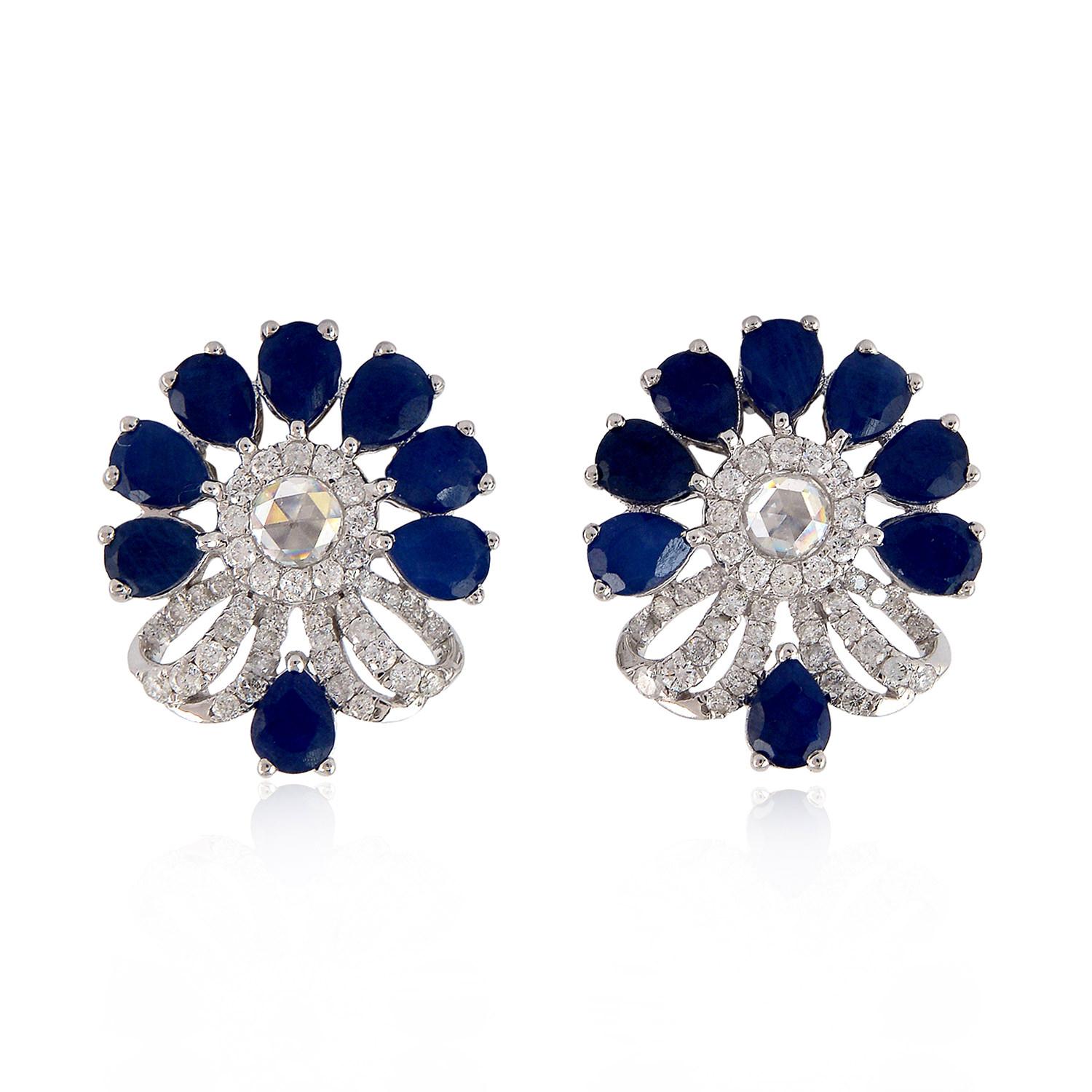 Mixed Cut Blue Sapphire Diamond 18 Karat Gold Stud Earrings For Sale