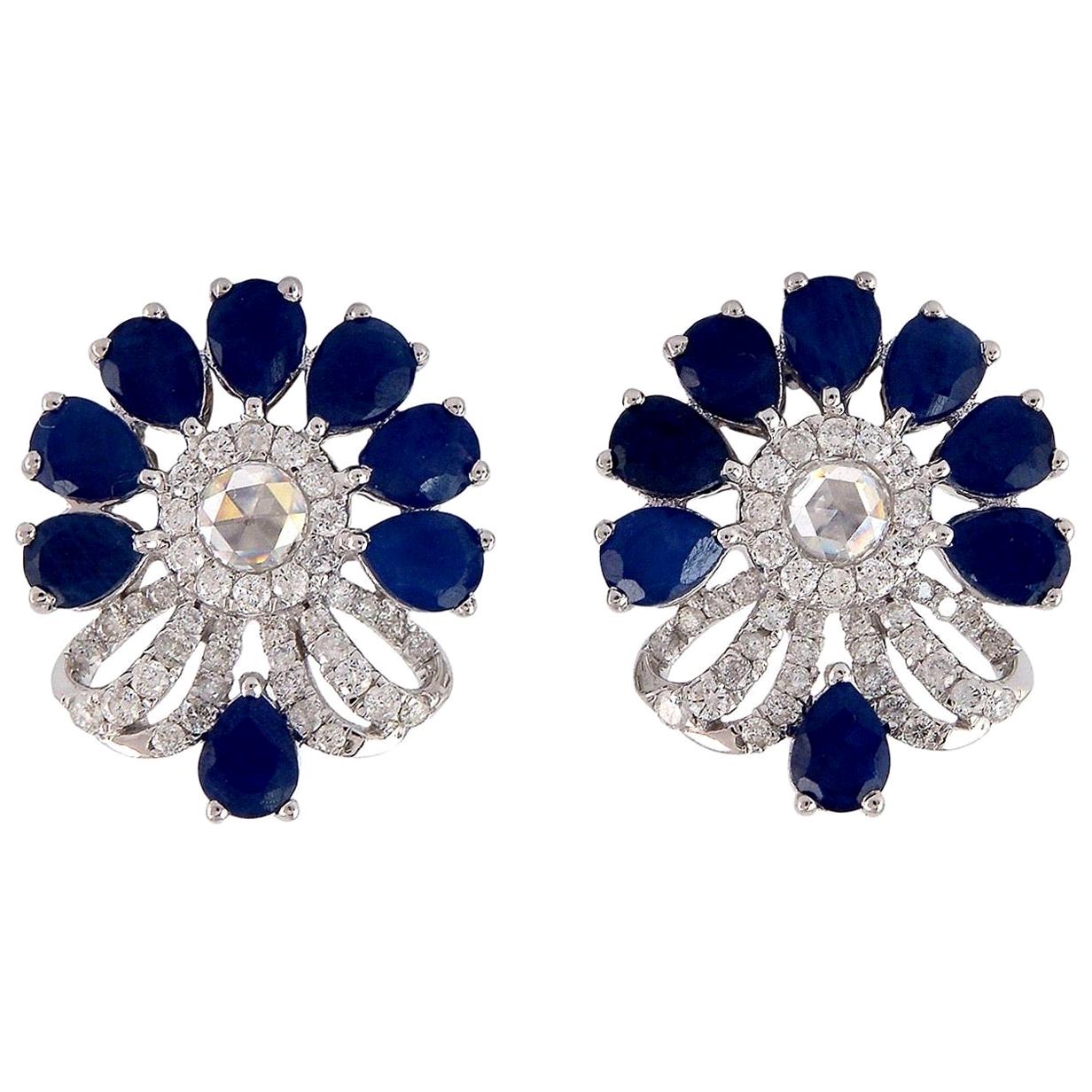 Blue Sapphire Diamond 18 Karat Gold Stud Earrings For Sale