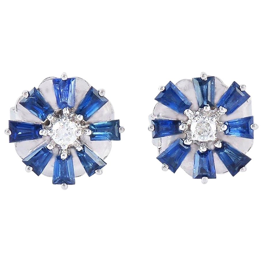 Blue Sapphire Diamond 18 Karat Gold Stud Earrings For Sale