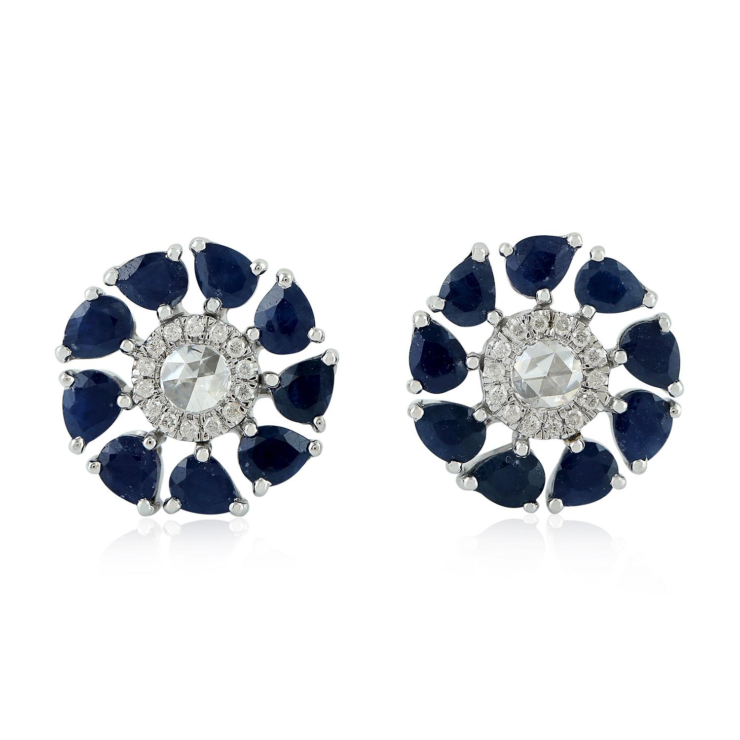 Mixed Cut Blue Sapphire Diamond 18 Karat Gold Stud Flower Earrings For Sale