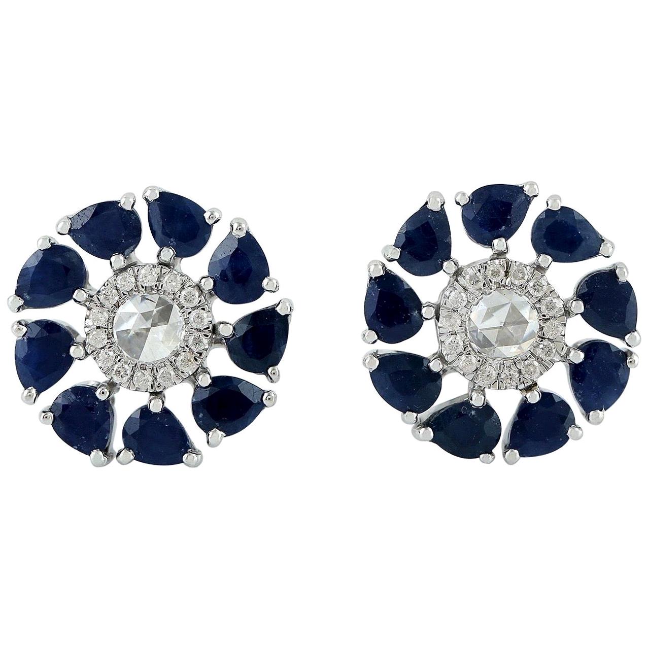 Blue Sapphire Diamond 18 Karat Gold Stud Flower Earrings For Sale