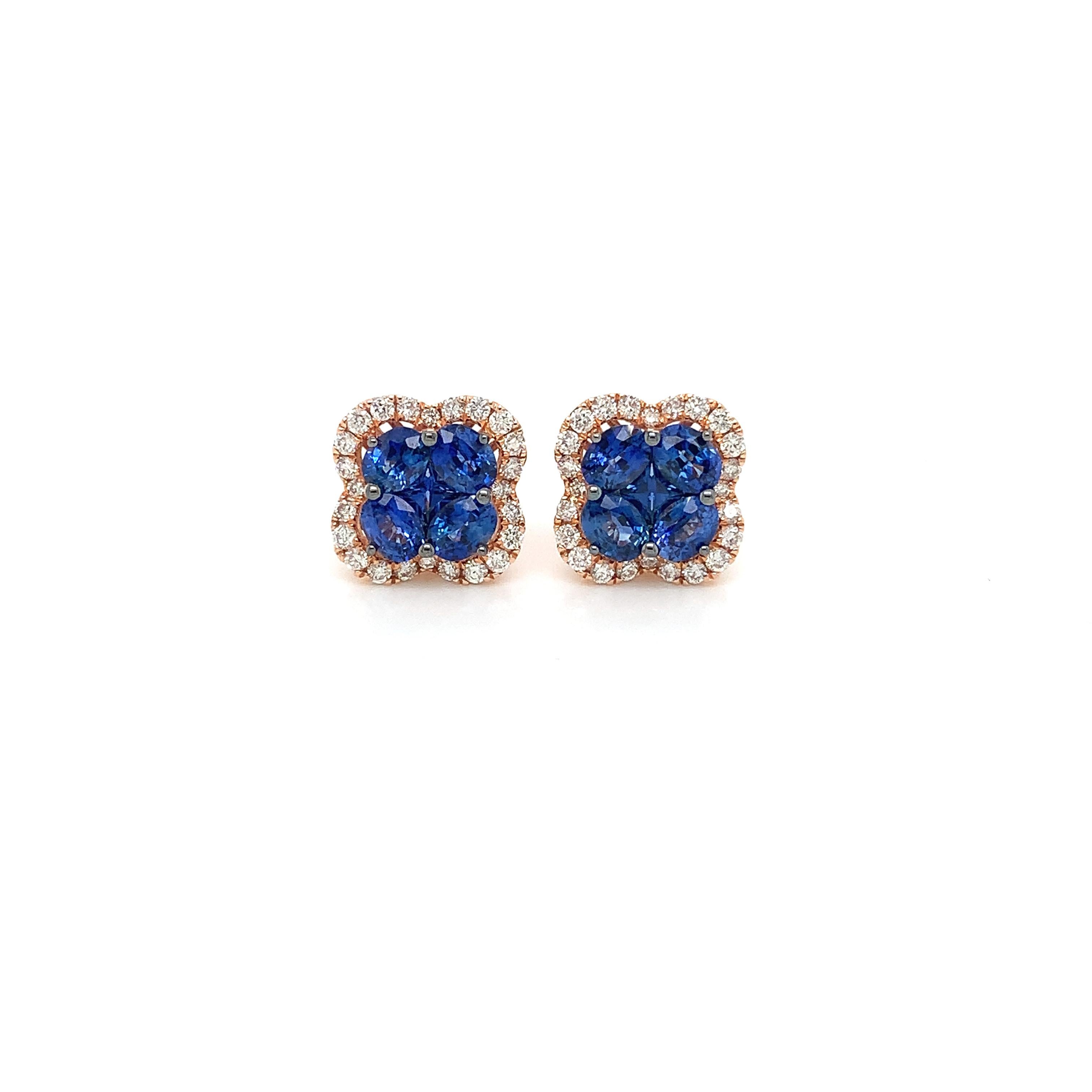 Pear Cut Blue Sapphire & Diamond 18 Karat Rose Gold Earrings For Sale