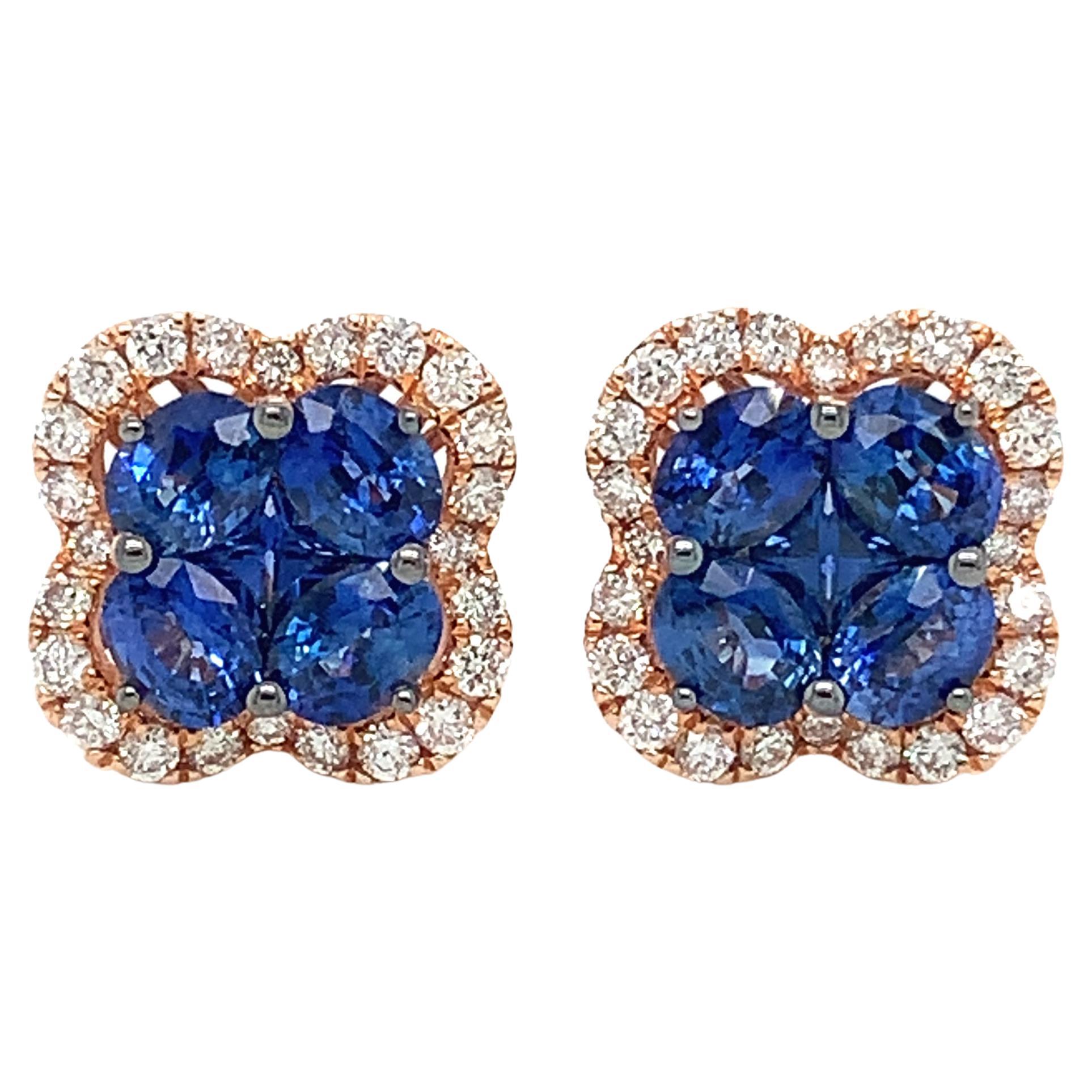 Blue Sapphire & Diamond 18 Karat Rose Gold Earrings For Sale