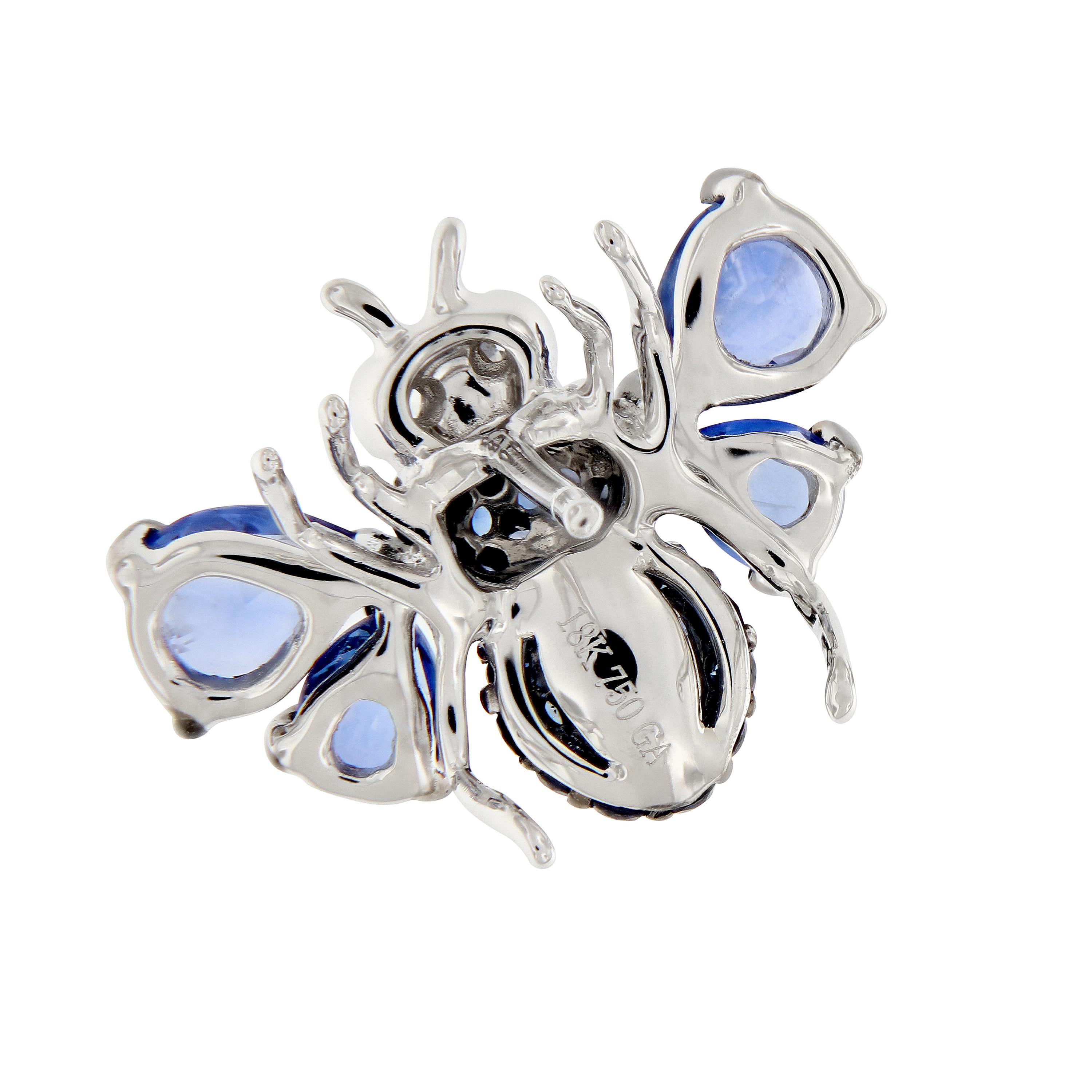 Women's Blue Sapphire Diamond 18 Karat White Gold Bee Earrings