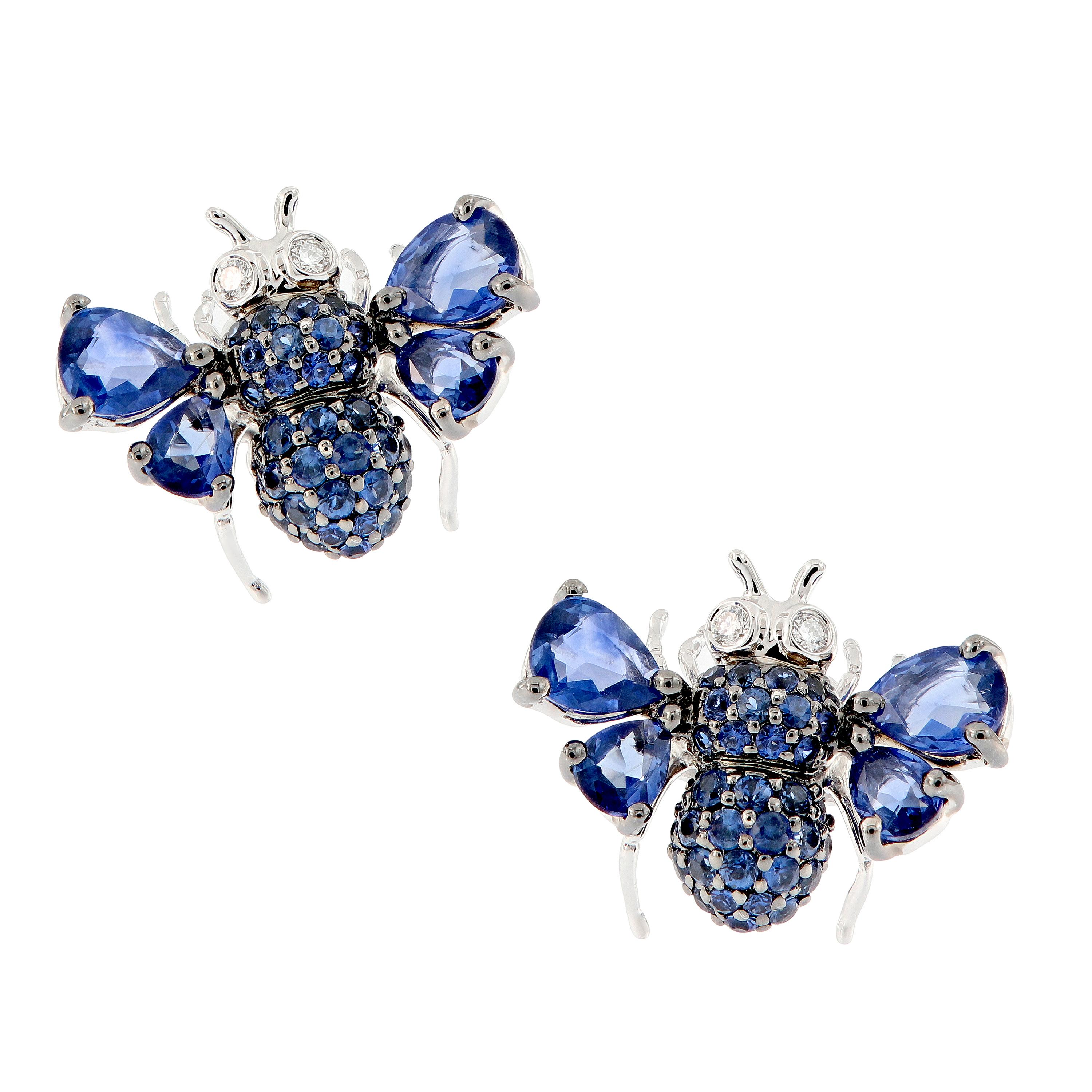 Blue Sapphire Diamond 18 Karat White Gold Bee Earrings
