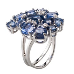 Blue Sapphire Diamond 18 Karat White Gold Cocktail Ring