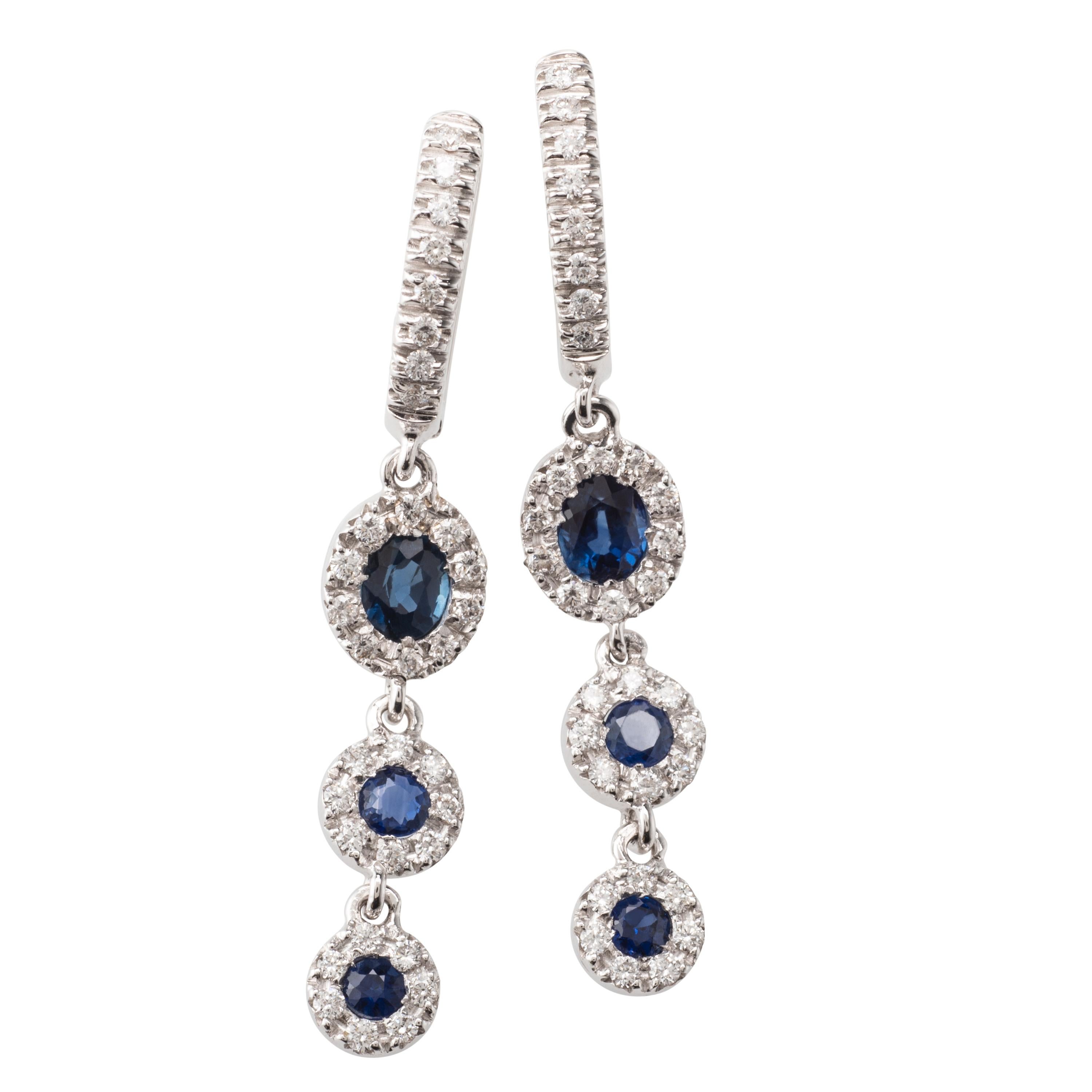 Blue Sapphire Diamond 18 Karat White Gold Dangle Earrings For Sale