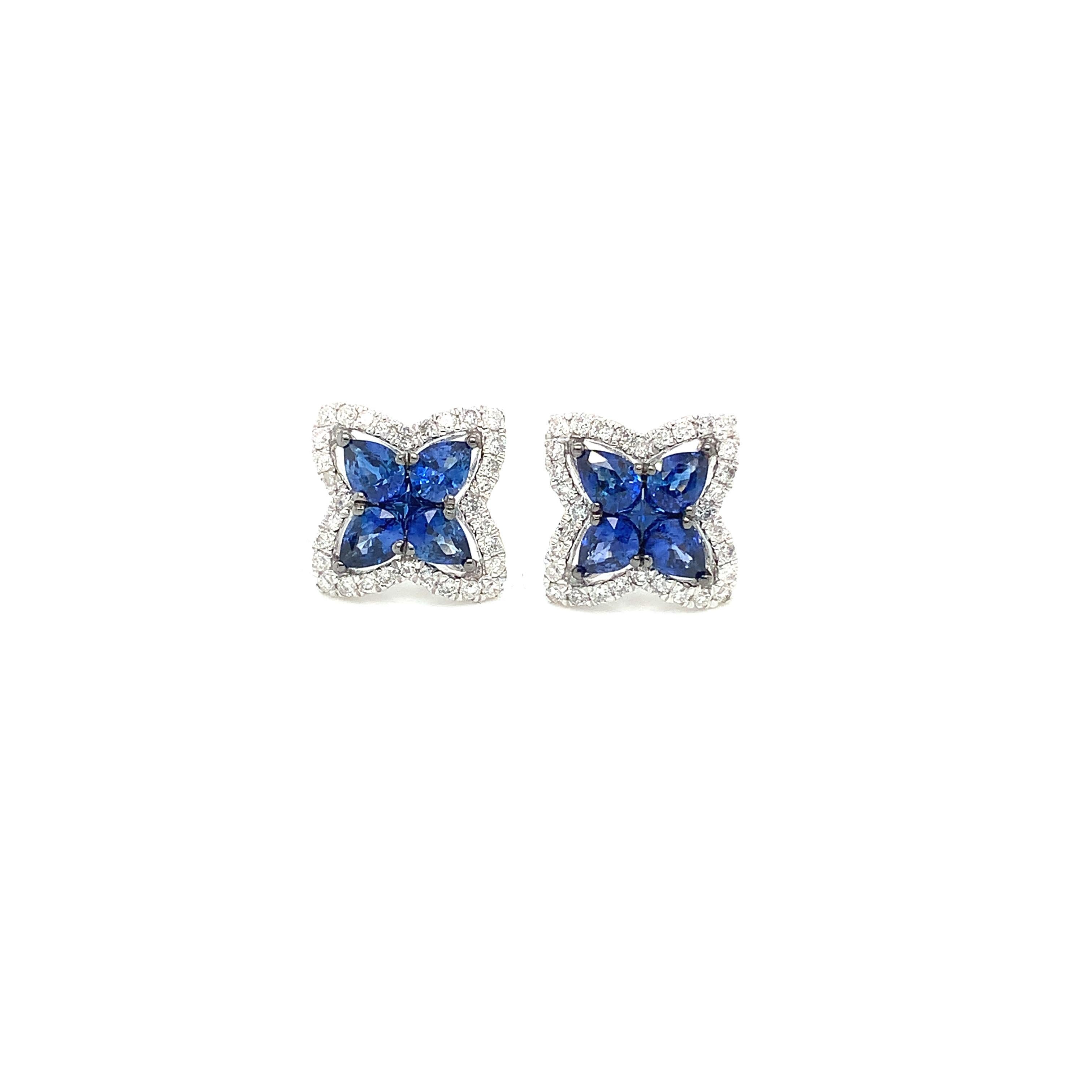 Pear Cut Blue Sapphire & Diamond 18 Karat White Gold Earrings For Sale