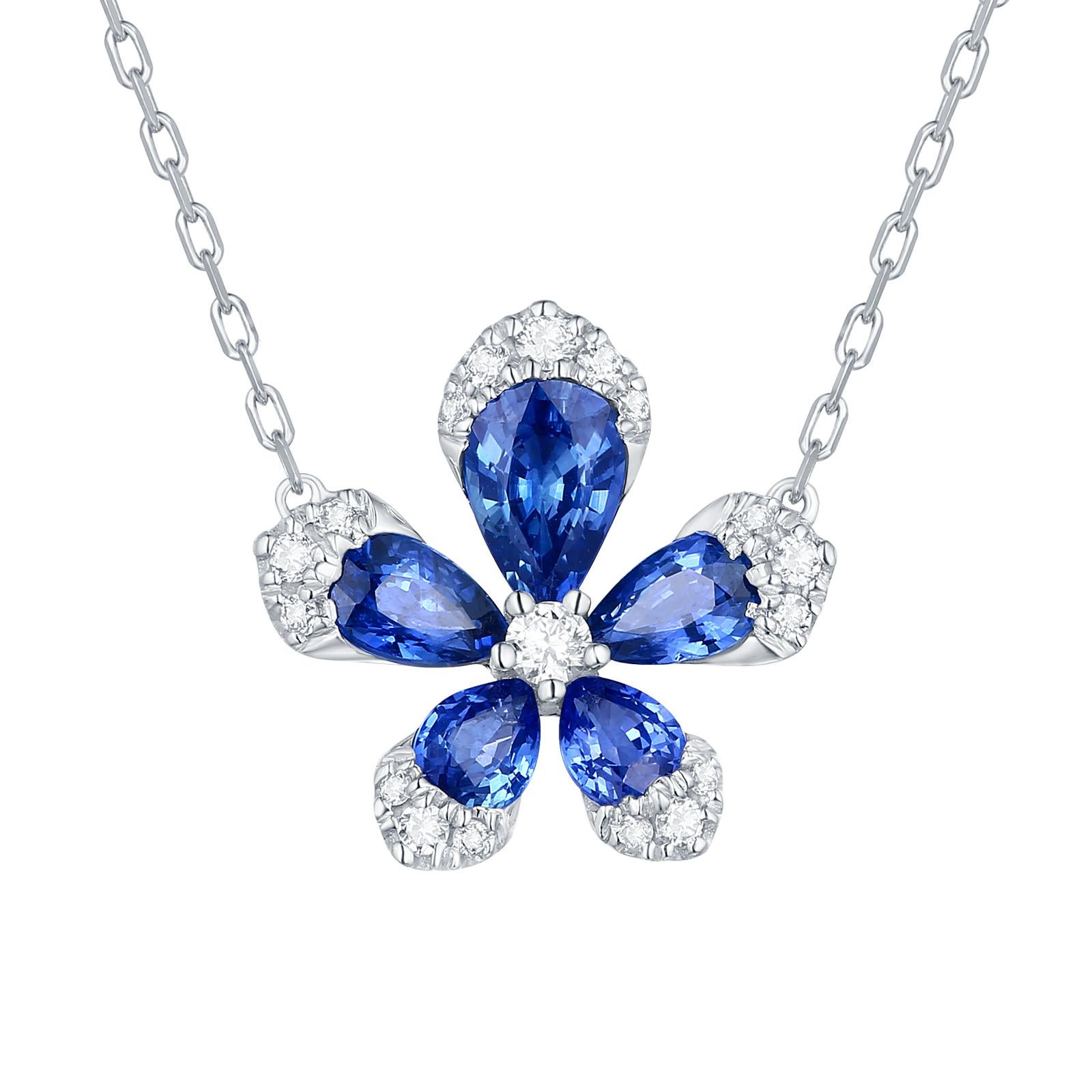 Halskette mit Blumenanhänger aus 18 Karat Weißgold mit blauem Saphir und Diamant (Moderne) im Angebot