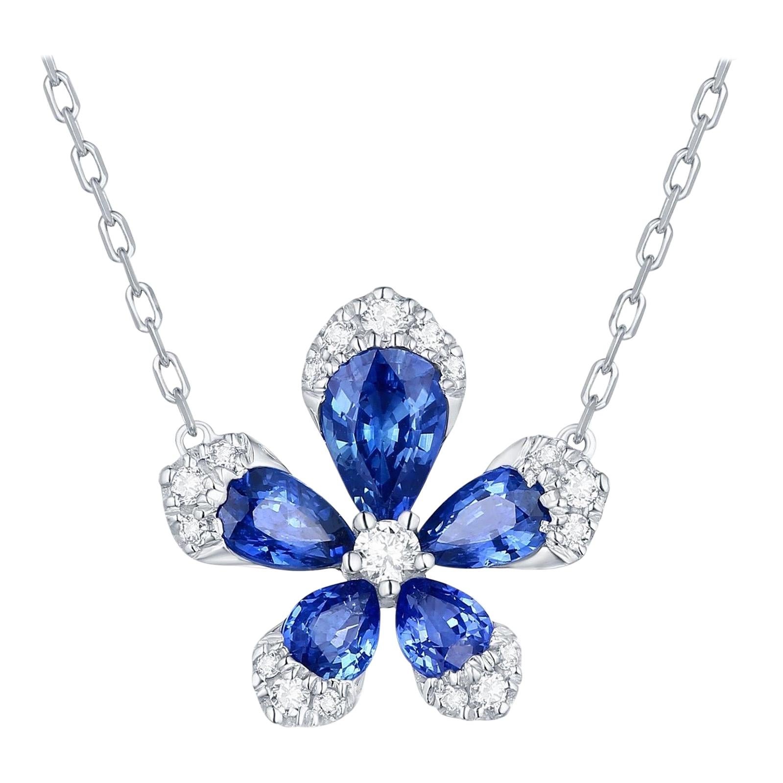 Blue Sapphire Diamond 18 Karat White Gold Flower Pendant Necklace For Sale